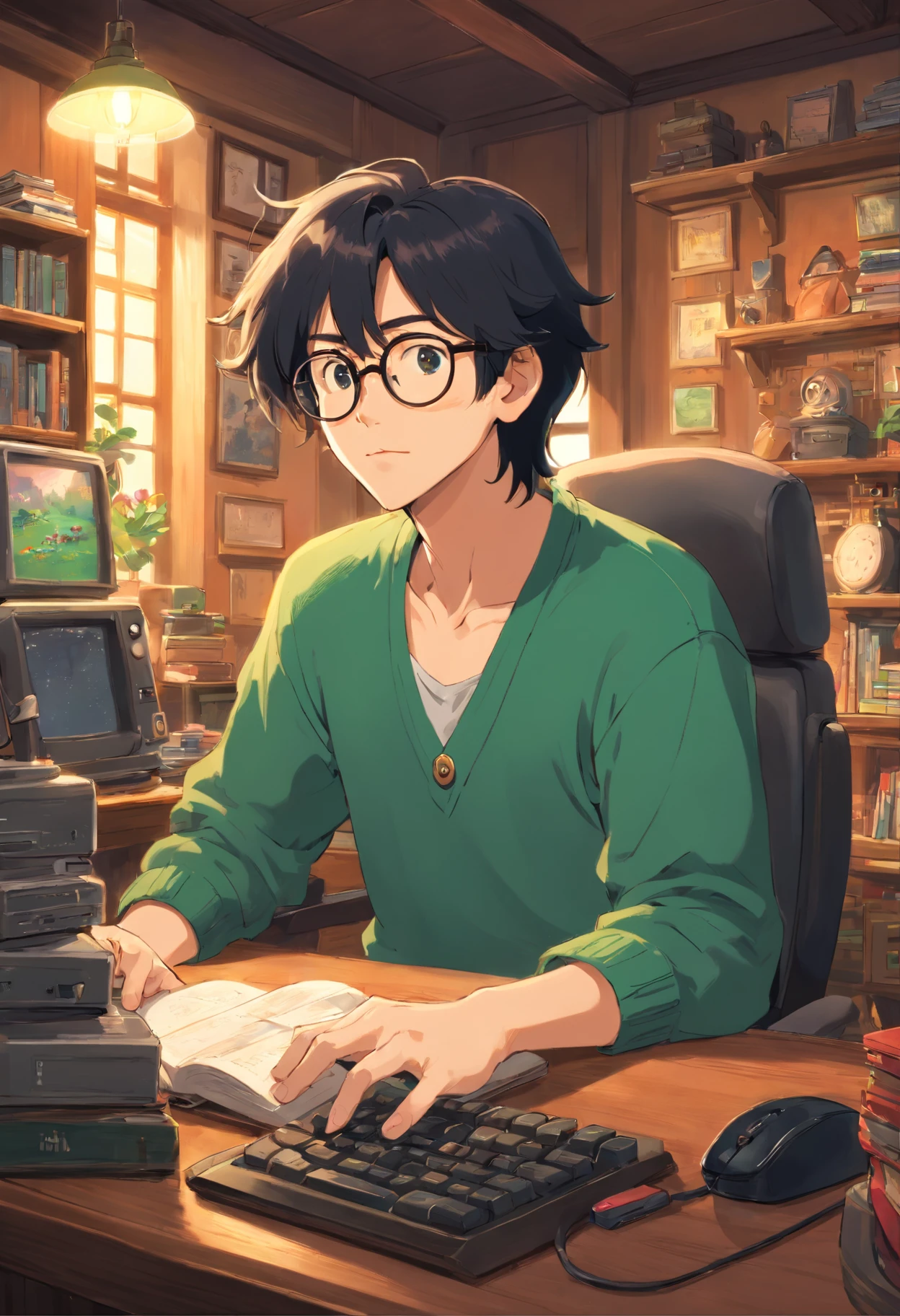 male people、Large black-rimmed glasses、Big lips、big nose、Lashes long、Black hair、Thin beard、long bangs、suspenders、Green cardigan、personal computers、a house、My car is Sienta、