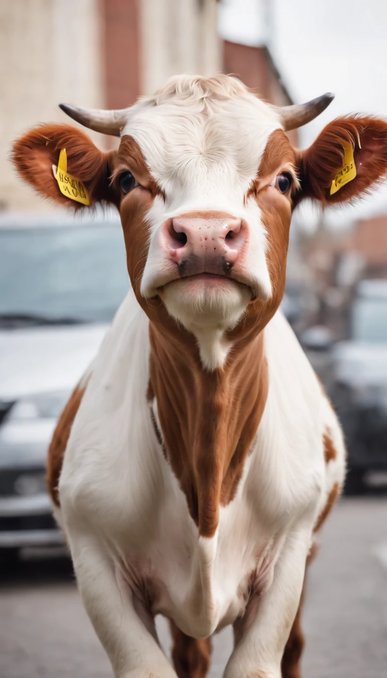 Quality, Amazing Details, Breathtaking studio shot, focused, funny baby cow resembling Pixtar, Grands yeux, He stands on the hood of the car denting the hood in the middle of a street., daytime