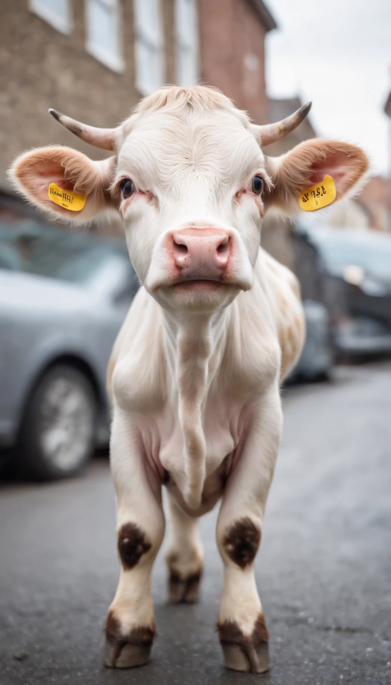 Quality, Amazing Details, Breathtaking studio shot, focused, funny cow resembling Pixtar, Grands yeux, He stands on the hood of the car denting the hood in the middle of a street., daytime