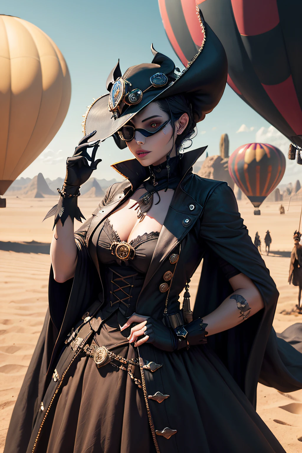 dark art darkweb pirate malefique, Utilisation d'un masque anonyme, Utilisation d'un chapeau capitaine, in the desert, Steampunk Maleficent Hot Air Balloon, darkness,obscur,4K