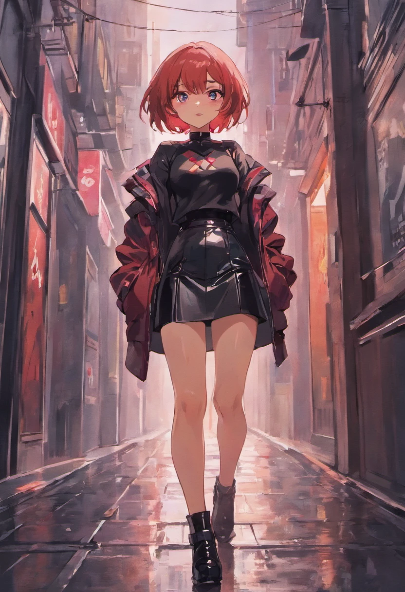 Anime girl standing on city street in leather skirt and black erotic lingerie, long-haired Ilya Kuvshinov, Guviz style artwork, anime art wallpaper 8 K, Guvitz on art station Pisif, Guwiz on Pisiv art station, cyberpunk anime art