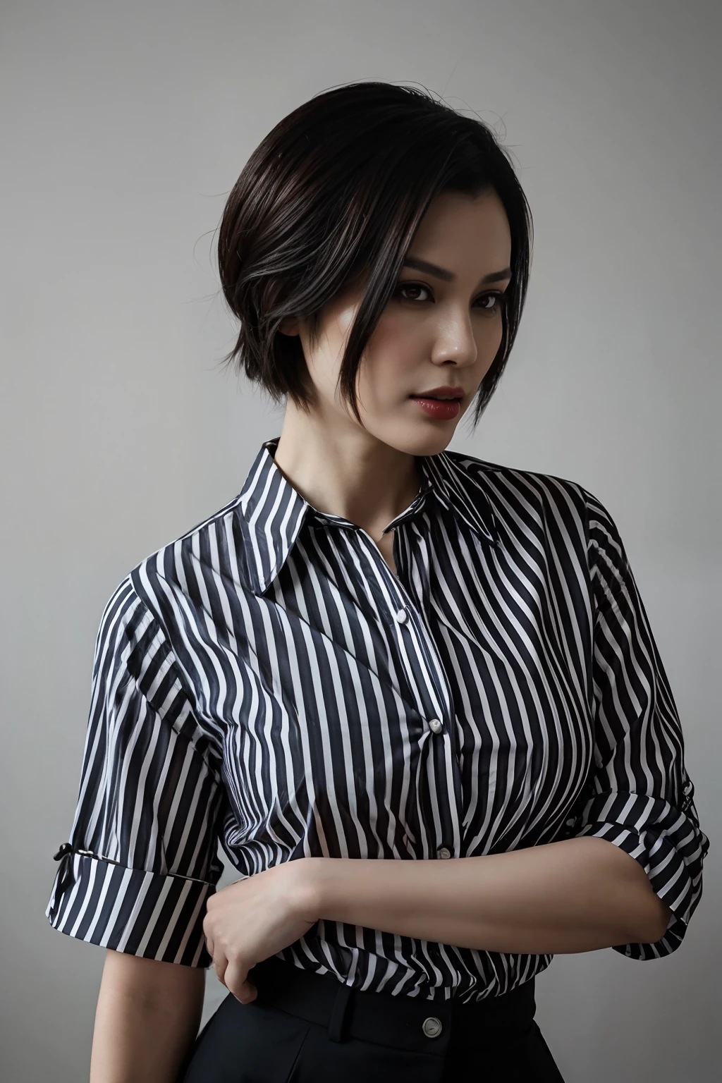 Ada Wong wearing a striped shirt, a portrait by Isabel Naftel, trending on pinterest, bauhaus, minimalist, angular, ornate