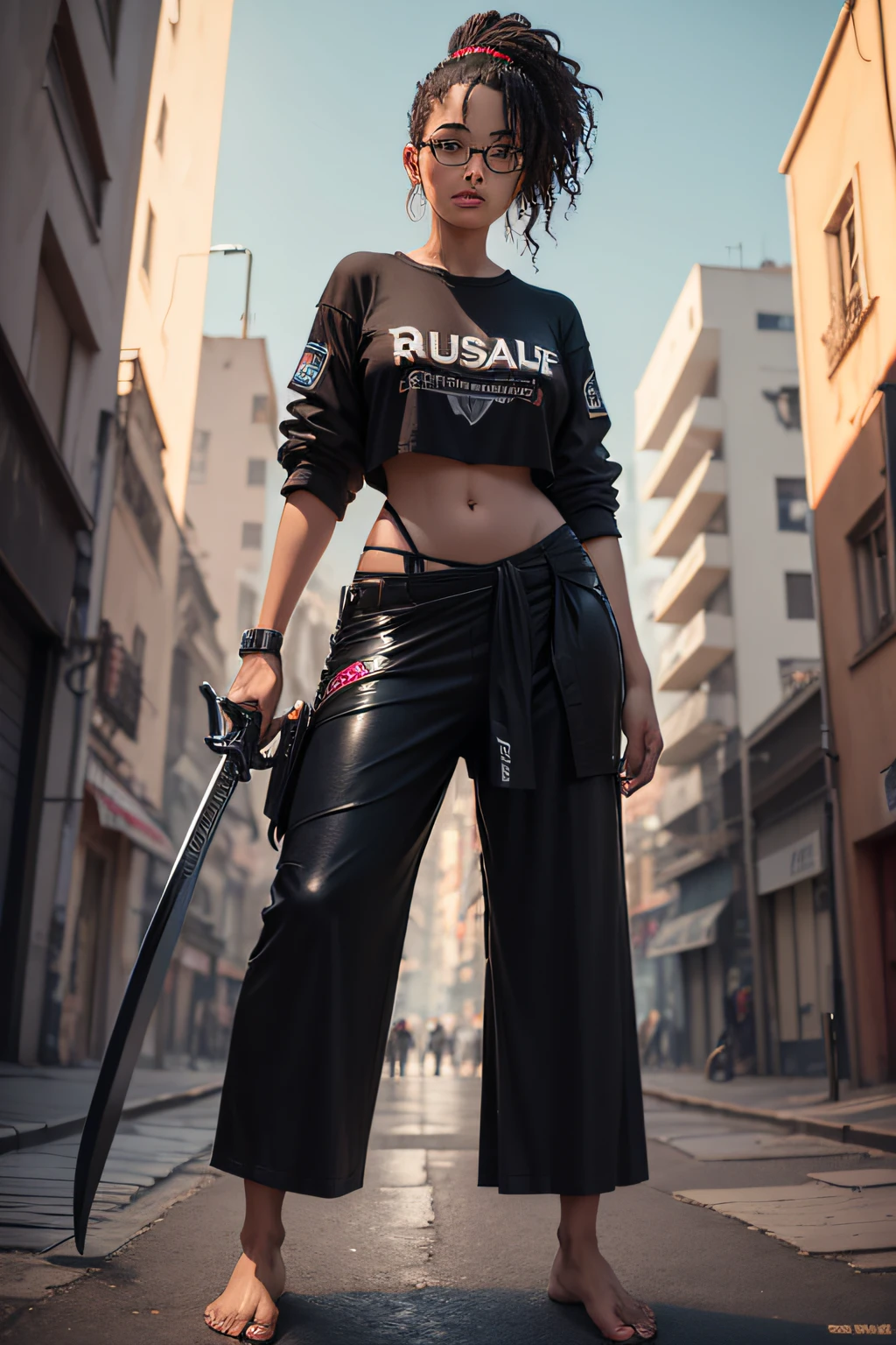 mulher, medium stature, cabelos pretos com fios brancos, black glass, oculos escuros, usando camisa larga branca, black wide pants, barefoot, mulher alta, gordinha, forte, right hand on back holding a long sword, left hand on waist, olhar raivoso, pose de luta, roupa suja, roupa rasgada, sujeira na pele, cyberpunk city background