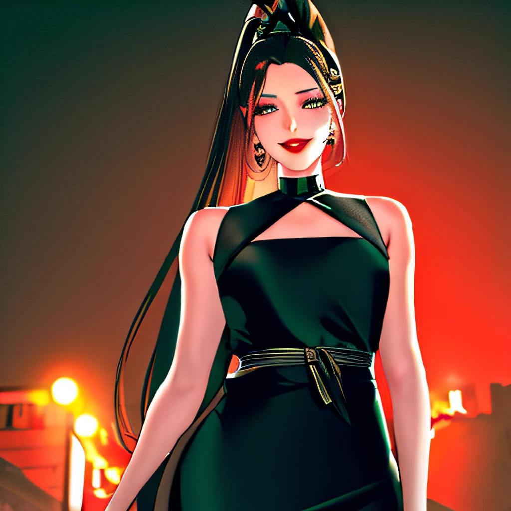 ((4k画质)),((high qulity)),1girll,(Wearing a sleeveless black floral slip dress:1.5),Long black ponytail hair,Young girls,Tall and tall,Melon seed face,largeeyes,medium boob,tall nose bridge,tiny mouth,The expression is shy,The face is flushed,Stand on the street,natta,the night,the street lights,独奏,城市,high-definition picture quality,Bright light,panoramic lens,(Masterpiece:1.4),(Best quality:1.4),Red lips,Smile,