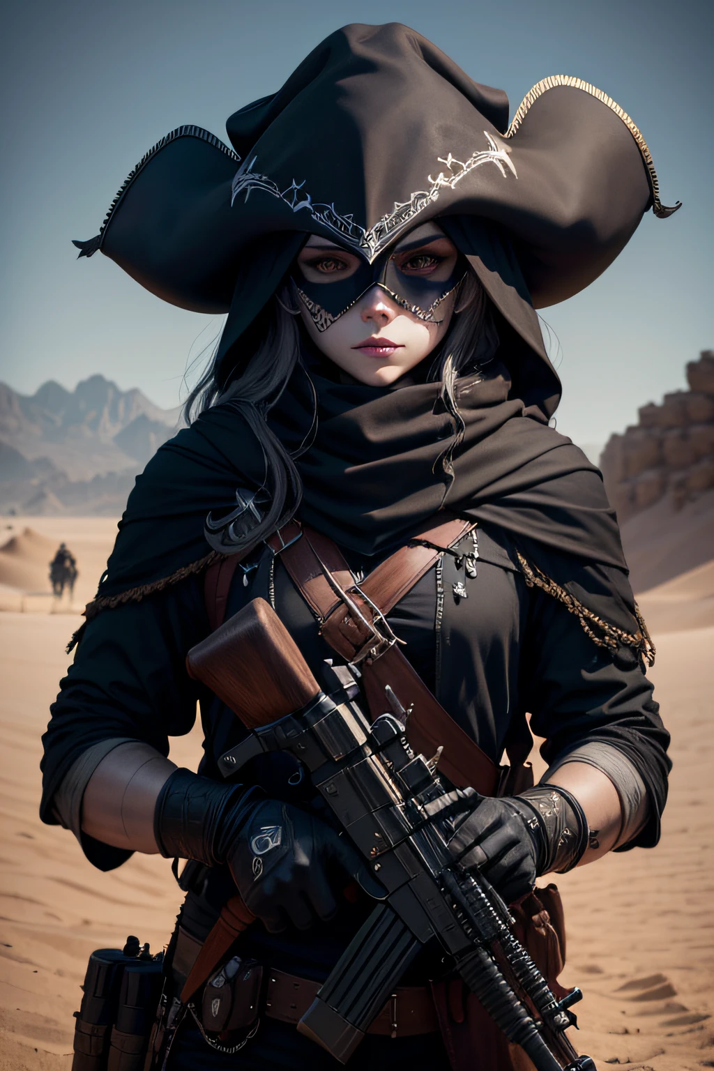 dark art darkweb pirate malefique, Utilisation d'un masque anonyme, Utilisation d'un chapeau capitaine, Utilisation d'un fusil sniper, in the desert, darkness,obscur,4K