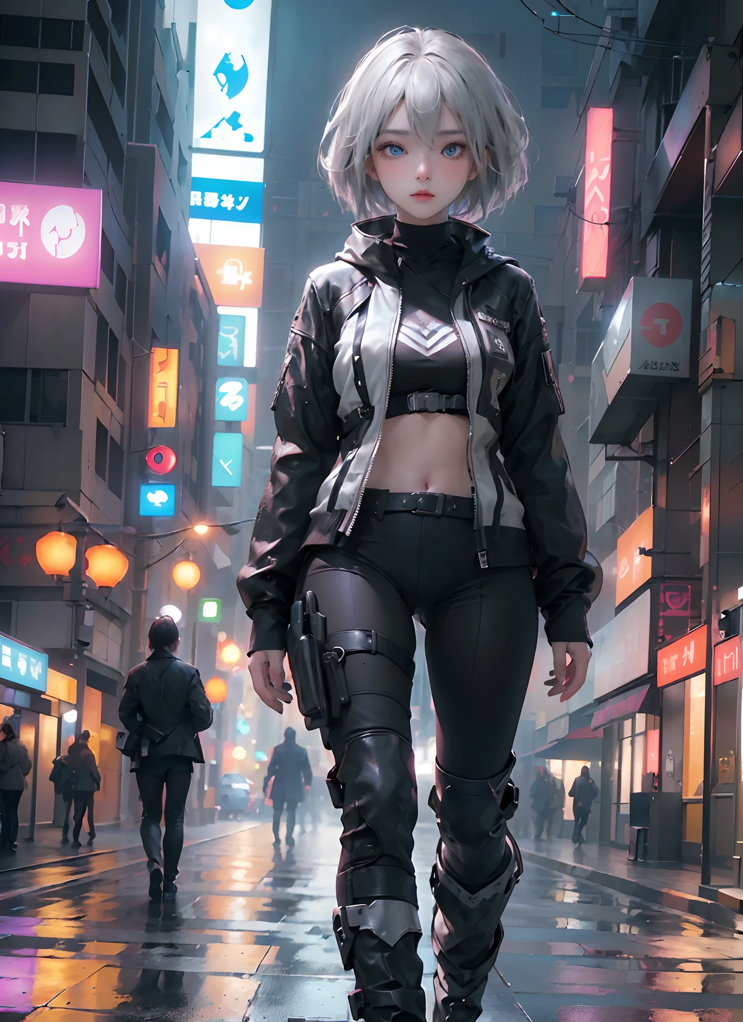 ((top-quality)), (((masterpiece)), (detaileds: 1.4), 3D, Beautiful Cyberpunk Woman Image, bob cuts, Broken black tights, leather clothes, Electromechanical, nffsw(HighDynamicRange), Ray traching, NVIDIA RTX, Hyper-Resolution, Unreal 5, Sub-surface scattering, PBR Texture, Postprocess, Anisotropy Filtering, depth of fields, Maximum sharpness and acutance, Multilayer Texture, Albedo and Highlight Maps, Surface Coloring, Accurate simulation of light-material interactions, perfectly proportions、octane renderings、two tone lighting、Large aperture、Low ISO、White Balance、thirds rule、8K Raw、masterpiece、top-quality、(8k extremely detailed CG unit wallpaper)(top-quality)、(The best illustrations)、(Best Shadows), innocent blue eyes, long hair, big tits, super detailed hand