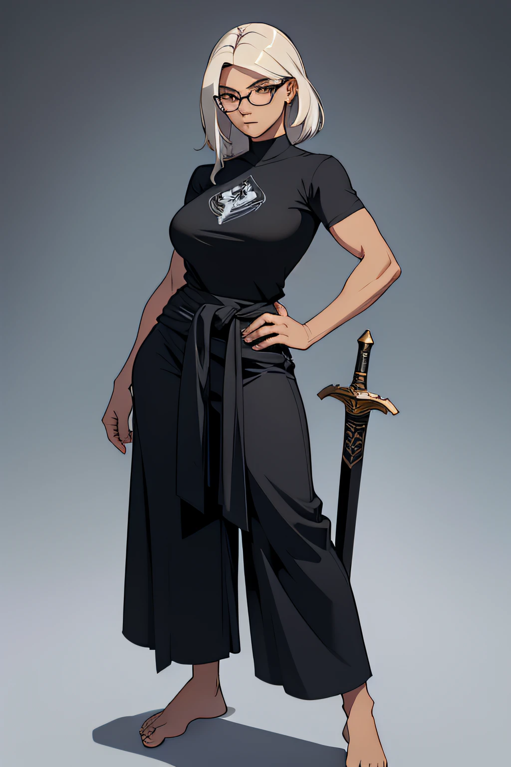 mulher, cabelos pretos com fios brancos, black glass, oculos escuros, usando camisa larga branca, black wide pants, barefoot, mulher alta, gordinha, forte, right hand on back holding a long sword, left hand on waist, olhar de desdem, pose de luta, roupa suja, roupa rasgada, sujeira na pele, cidade futurista de fundo