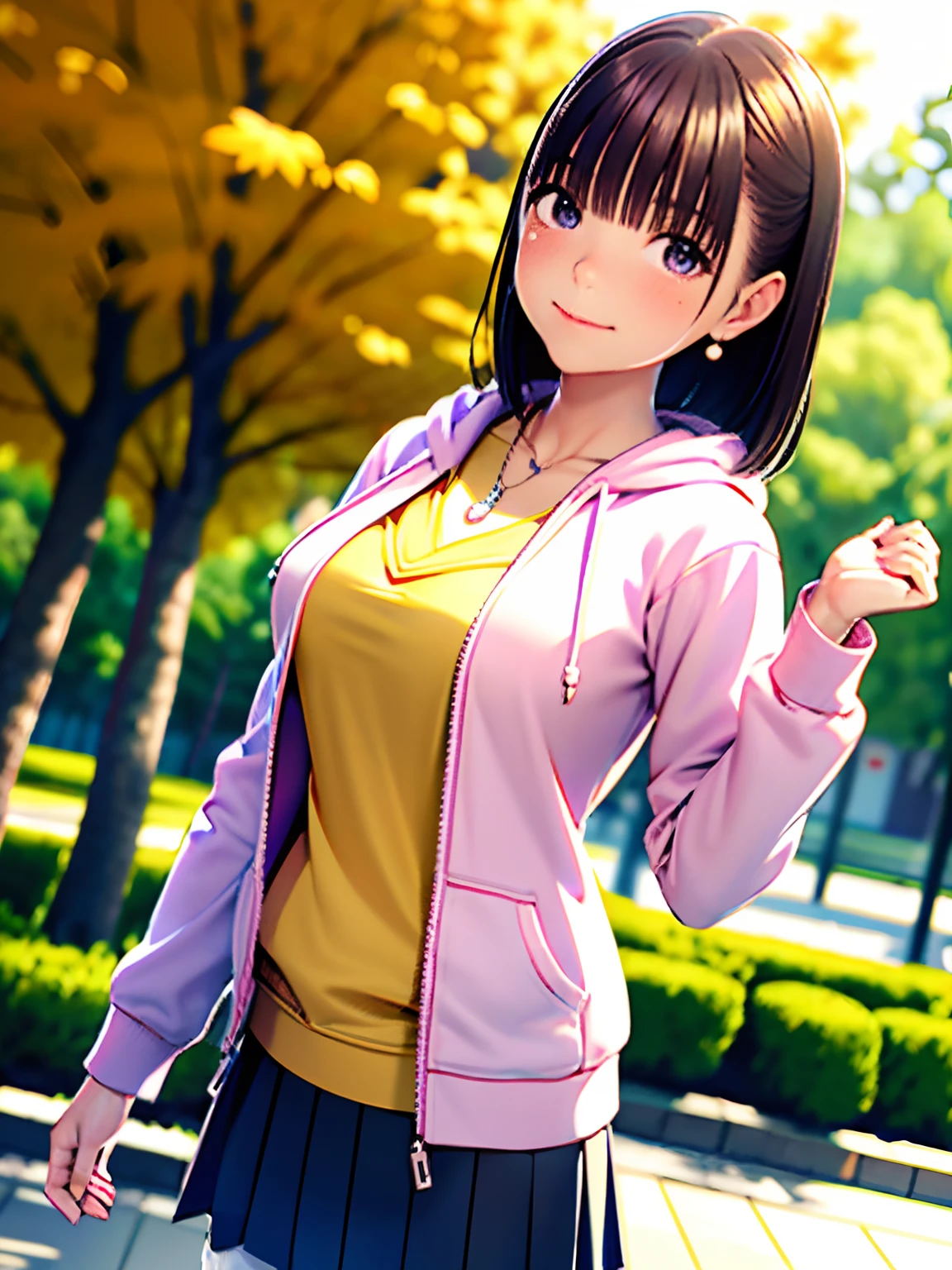 hight resolution,8K,Best Quality,detaileds,semi - realistic anime,Anime 3D Style,Smooth Anime CG,1 girl in,20 year old woman in Japan,slim,modeled,shiny chestnut hair,((Half-mouth opening:1.4)), Medium Hair,Detailed face,Beautiful and detailed eyes,Glowing skin,((pink hoodie)),((Open jacket)),((Blue skirt)),((White tights)),,a necklace,Autumn twilight,Park of autumn leaves,Maple leaves flutter,Blurry background,portlate,randome pose,Angle from the side