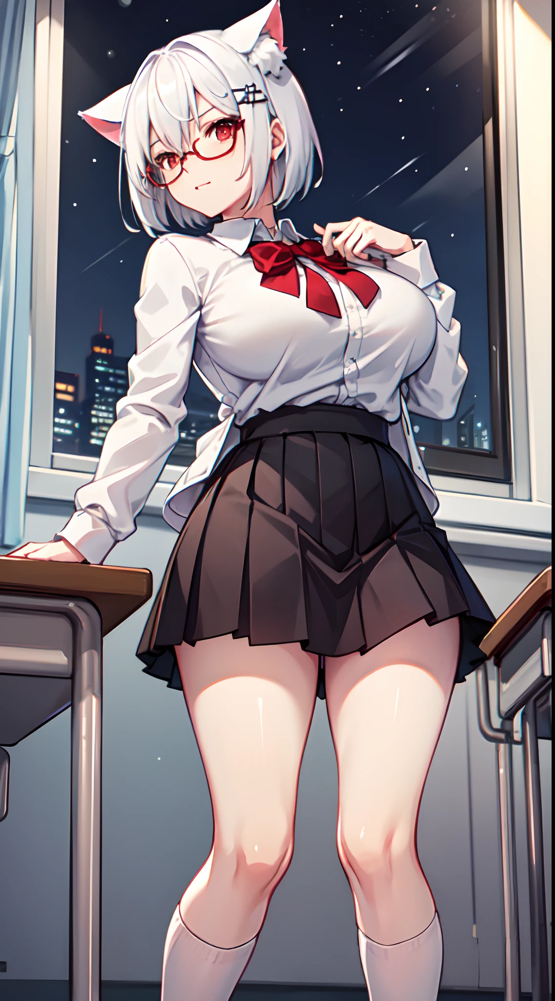 Short hair, white hair, classroom, night time, winter, school outfit, glasses, short skirt, long stocking, big breast, cat ears