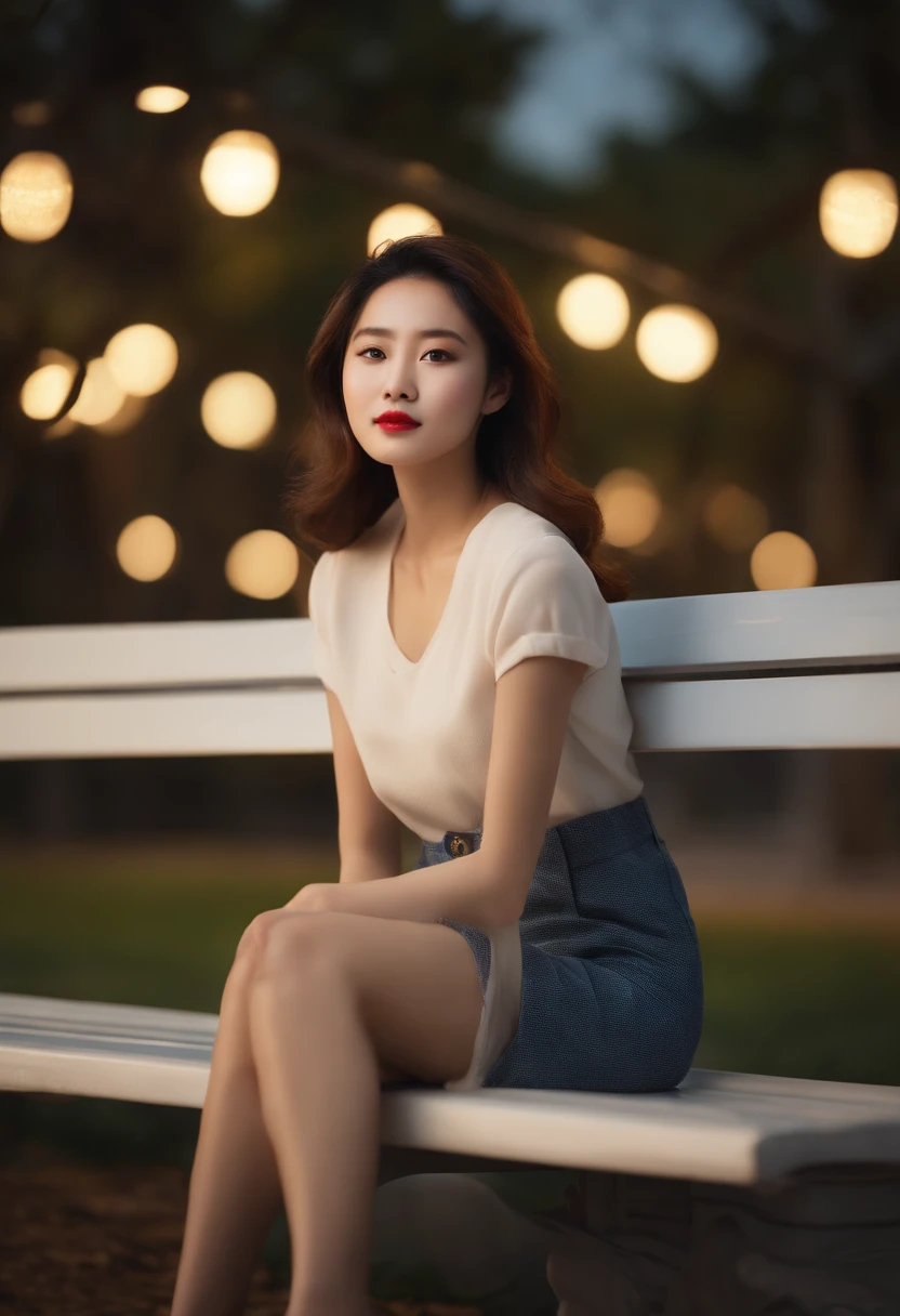 a hansohee sitting on a bench in the park, night lights, city lights, moonlight, night4k, Fujifilm XT3, 8k, max result, photographed on a Kodak, Award-winning photograph, (ultra realistic:1.5), (best quality:1.5), photorealistic, detailed skin texture, masterpiece, (photorealistic:1.4), Raw Photo, perfect shading, realism, photography,detailed face texture, detailed lip texture, detail ear, detail eye, depth of field,
