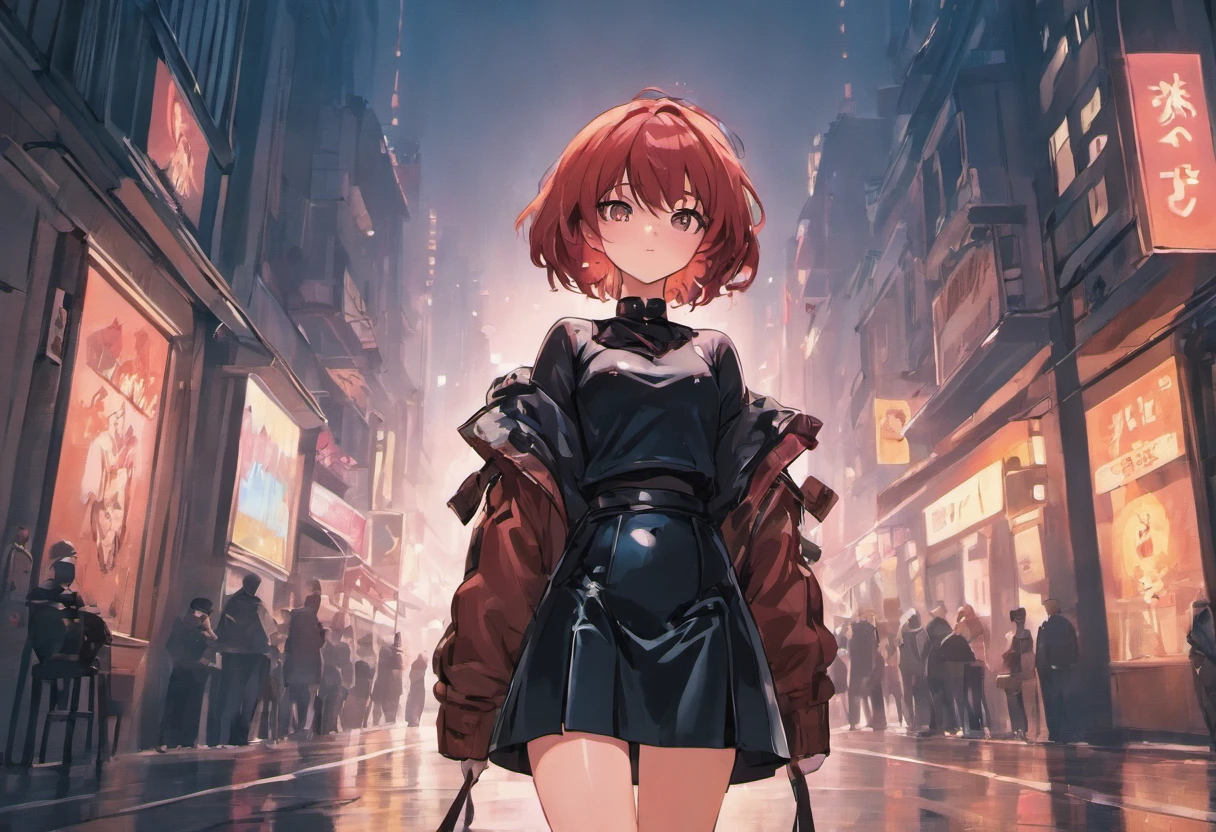 Anime girl standing on city street in leather skirt and black erotic lingerie, long-haired Ilya Kuvshinov, Guviz style artwork, anime art wallpaper 8 K, Guvitz on art station Pisif, Guwiz on Pisiv art station, cyberpunk anime art