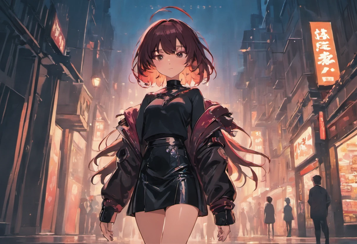 Anime girl standing on city street in leather skirt and black erotic lingerie, long-haired Ilya Kuvshinov, Guviz style artwork, anime art wallpaper 8 K, Guvitz on art station Pisif, Guwiz on Pisiv art station, cyberpunk anime art