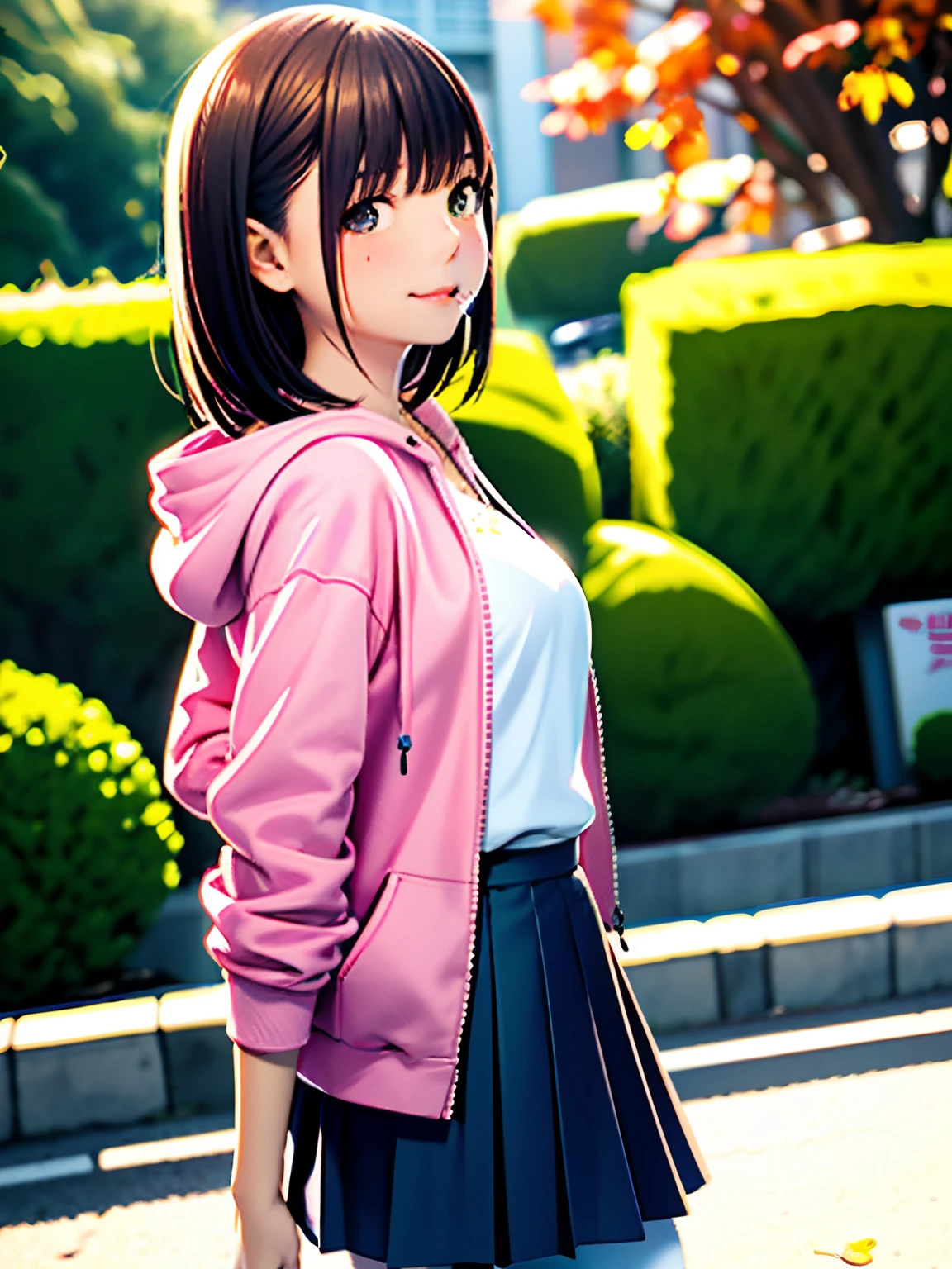 hight resolution,8K,Best Quality,detaileds,semi - realistic anime,Anime 3D Style,Smooth Anime CG,1 girl in,20 year old woman in Japan,slim,modeled,shiny chestnut hair,((Half-mouth opening:1.4)), Medium Hair,Detailed face,Beautiful and detailed eyes,Glowing skin,((pink hoodie)),((Open jacket)),((Blue skirt)),((White tights)),,a necklace,Autumn twilight,Park of autumn leaves,Maple leaves flutter,Blurry background,portlate,randome pose,Angle from the side