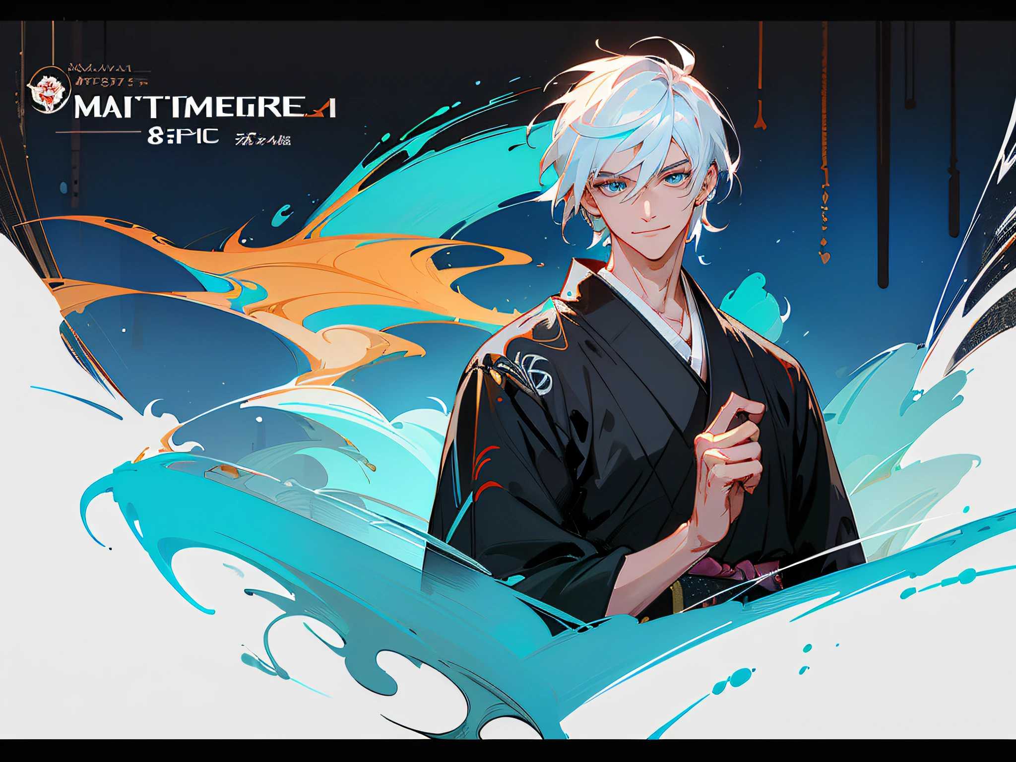 Male Cyberpunk, ((ryokan)), dark backgrounds, Clean design, epic instagram, art stations, Splash of colorful paint, silhuette, hyper detailed intricate details, Unreal Engine, Fantasy, intricate detailes, Welcome screen, Complementary color scheme, Fantasy concept art, 8 K resolution, De Biantato's masterpiece, Painting oil painting, heavy strokes, Paint Drip, (isolated on white: 1.3), rainbow skin, (((Handsome young man))), ((youthfulness: 1.5) ), (bright blue eyes), ((Bright eye)), (((((short white-hair: 1.1))), ((Black clothe)), (Prince\\(Smiling expression\\),, ( (((He wears a luxurious kimono with details))), white hair, (breastsout) --v 6