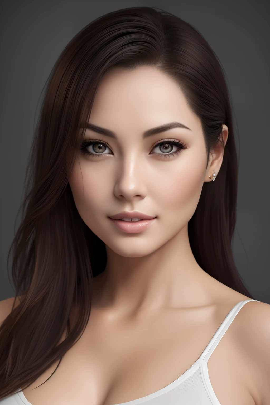 photoRealstic, hyper realisitic, reallistic, Smooth lighting, Improved cinematic lighting quality, 32K, 1人の女性, 25-years old, straight haired, Realistic lighting, Back lighting, Facial Lights, Ray tracing, Quality Improvement, Realistic textured skin of the highest quality, fine detailed eyes, A detailed face, Fine quality eye, Close-up from chest up, small breasts of good shape, tshirts, enhance the atmosphere of body line, Increase the beauty of skin texture