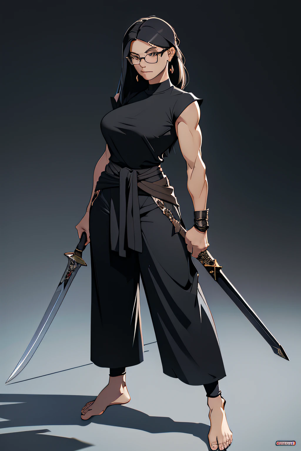 1mulher, cabelos brancos e longos, black glass, oculos escuros, usando camisa larga branca, black wide pants, barefoot, mulher alta, mulher forte, right hand on back holding a long sword, left hand on waist, olhar de desdem, pose de luta, cidade futurista como background