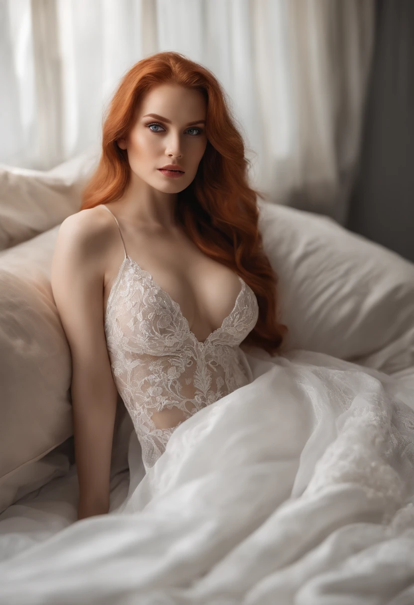 Redhead beauty,Long whit hair,Bigchest,Big Assa,Wearing black lace underwear,Underwear is transparent,blue eyes,There is a beauty mole,high temperament and cold,,Slender figure, Hands on the chest,Photorealistic photography,4K,Structurally correct,super detailing,high detailing,Sit on a large bed,Bed linen, White the,The comforter is red,Sit on sheets or quilts