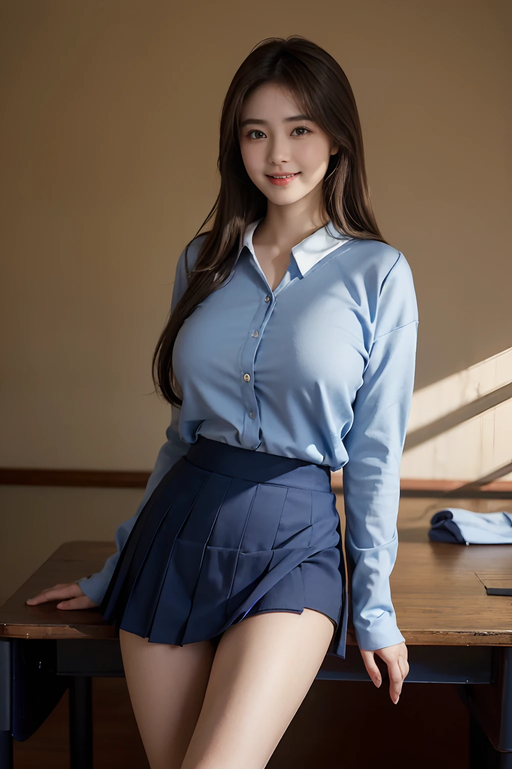 ((japanese beautiful woman:1.3)) ((School uniforms:1.4)) ((Panty shots:1.5)) ((High school)),((dark-blue skirt:1.3)) ((in class room:1.3)) ((Thin_Fabric:1.4)) ((Random sexy pose:1.3)) ((Sweaty:1.5))((Be red in the face:1.4)) ((Big breasts:1.4)) ((Close-up:1.2)) Best quality,Masterpiece,超高分辨率,(Photorealistic:1.4),RAW photo,(Authentic skin texture:1.3),(filmgrain:1.3),in a panoramic view,Character portrait,very wide wide shot,Narrow waist,Cowboy shot,(In the dark, deepshadow, low tune, Cold light,) Night,(()),streaming tears,,Dust,Tyndall effect,(expression),1girll,Beautiful detailed eyes and face,White jabot,Brown eyes,((Brown hair:1.2)) ((full bodyesbian:1.3)) ((Smile:1.3))