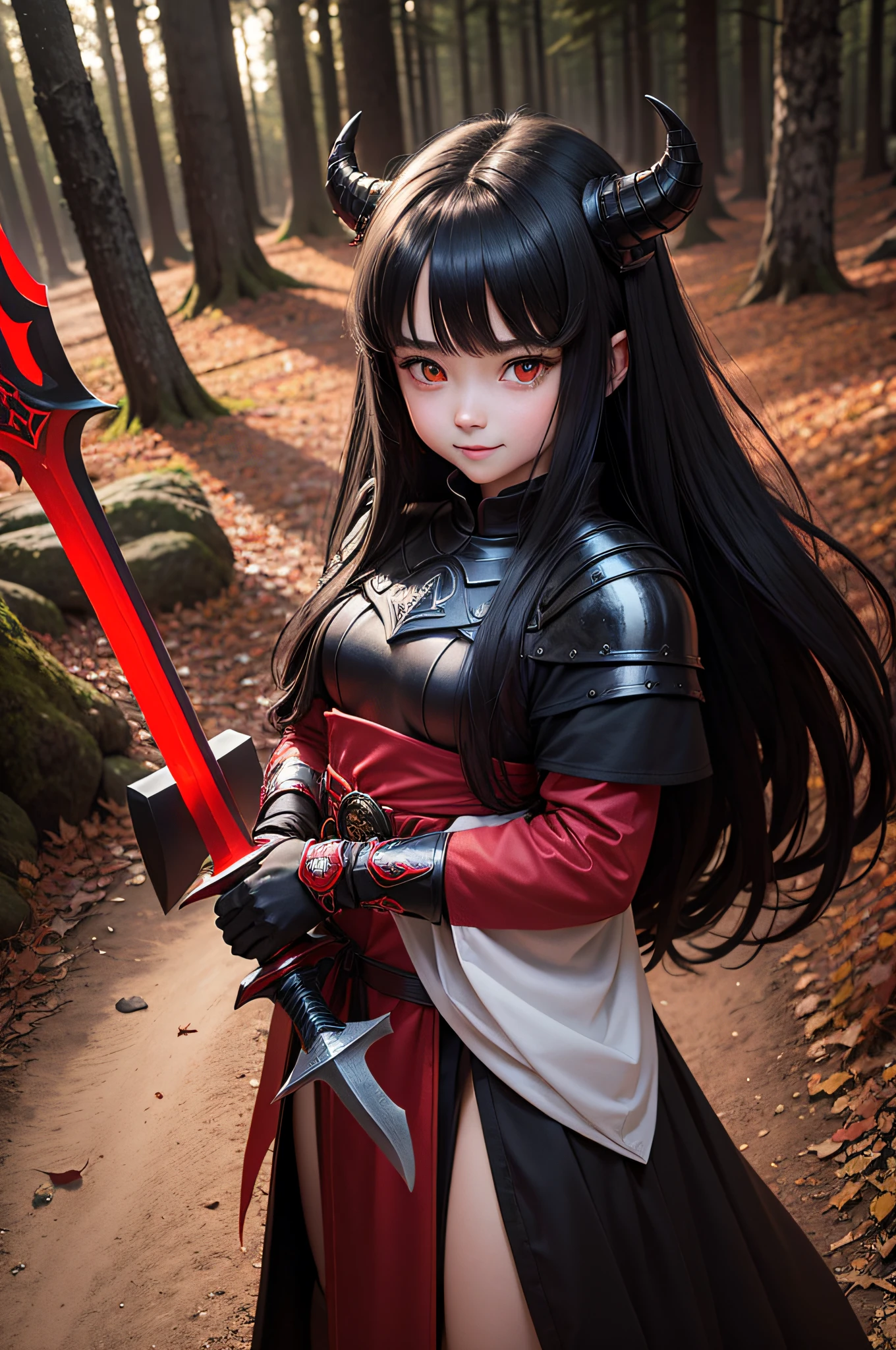 Black Knight,red eyes,black long hair,white skin,12 years old,crimson sword,holding a big ax big ax in both hands,dark background,red giant moon,black clothes with red,both hands have sword,thick clothes,thick fabric,pretty girl,cute girl,in the dark forest,Japanese demon girl,devil's weapon,demon horn,small breasts,smile,ruddy skin,in he forest,forest,red forest