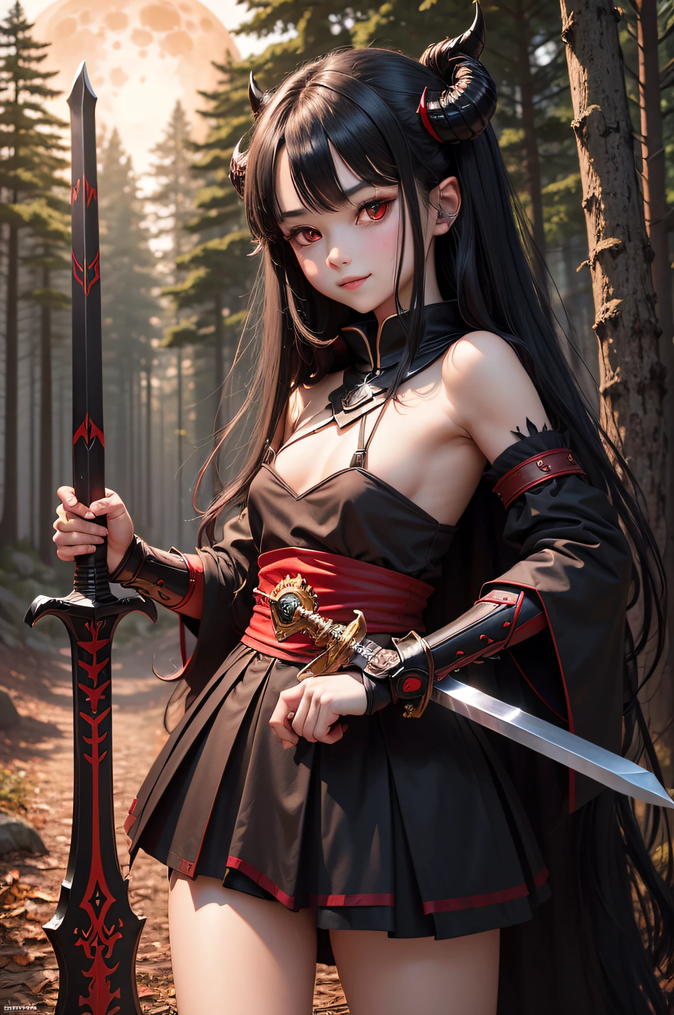Black Knight,red eyes,black long hair,white skin,12 years old,crimson sword,holding a big ax big ax in both hands,dark background,red giant moon,black clothes with red,both hands have sword,thick clothes,thick fabric,pretty girl,cute girl,in the dark forest,Japanese demon girl,devil's weapon,demon horn,small breasts,smile,ruddy skin,in he forest,forest,red forest