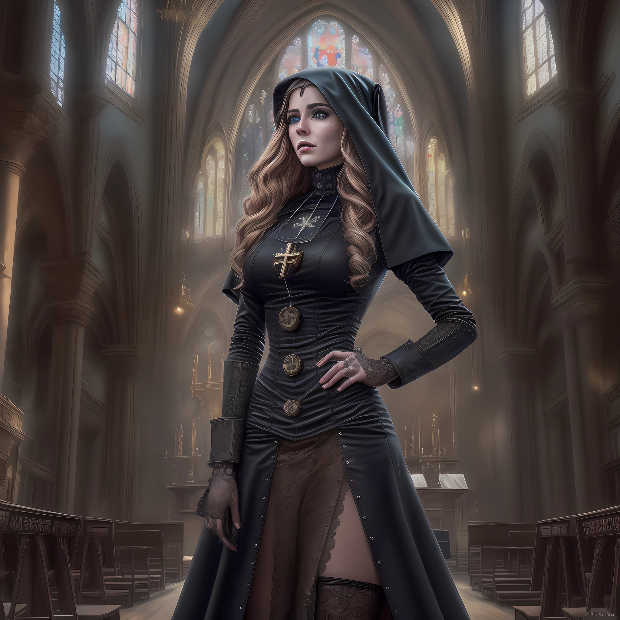 a picture of a steampunk (1)nun in a church, wearing nun habit, wearing black pantyhose, (best detailed face:1.3), ultra feminine: 1.3), dynamic hair, long hair, wavy hair, blue eyes, intent eyes, wearing high heeled boots, photorealistic, 16k, RAW, award winning, (best detailed: 1.5), masterpiece, best quality, (best detailed: 1.3), full body, ultra wide shot,