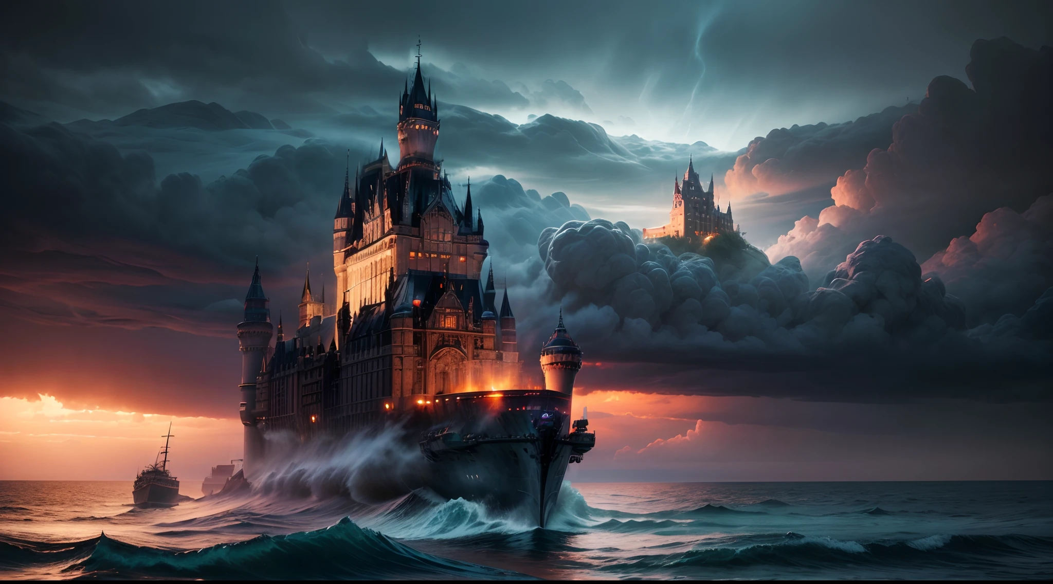 (a big castle flying on a warship:1.5),  (best quality, 4k, 8k, highres, masterpiece:1.2), ultra-detailed, (realistic, photorealistic, photo-realistic:1.37), HDR, UHD, studio lighting, ultra-fine painting, sharp focus, physically-based rendering, extreme detail description, professional, vivid colors, bokeh, concept artists. landscape, fantasy, epic, adventure, fantasy architecture, floating castle, warship, stormy weather, heroic, majestic, mythical, grandiose, breathtaking, awe-inspiring, powerful, dynamic, atmospheric, dynamic, extraordinary, masterful, captivating, larger than life. vivid colors, rich hues, dramatic contrasting hues, warm tones, cool tones, mystical aura, ethereal lighting, golden sunset, stormy sky, vibrant sea, magical atmosphere, cinematic lighting, dramatic shadows, intense highlights, mystical shadows, billowing smoke, mysterious ambiance, radiant glow, brilliant reflections.