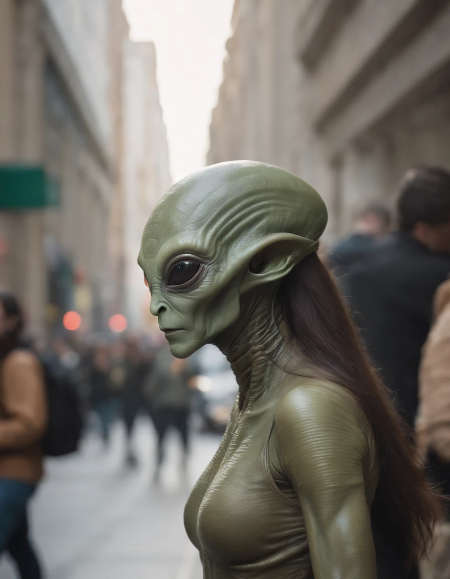 Street photography capturing an unexpected encounter with an alien visitor in a bustling urban setting. The alien, disguised as a human, walks along a busy sidewalk, its alien features subtly hinted at through unique clothing and accessories. The photograph is taken frankly, showing the reactions of passers-by when they glimpse the extraterrestrial being. The lighting style is natural, with sunlight filtering through urban canyons, creating interesting patterns and shadows. The composition captures the surreal collision of alien and human worlds, highlighting the inherent curiosity and diversity of our shared existence