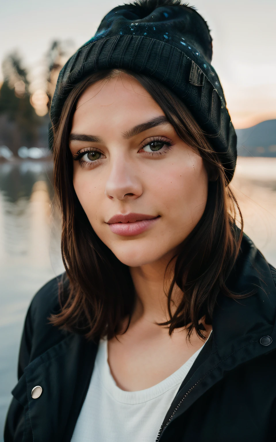 cute beautiful brunette, wearing beanie and winter clothes, by a lake with a fire, dusky lighting, very detailed, 22 years old, flirty face, short hair, brown eyes, high-res, masterpiece, best quality, intricate details, highly detailed, sharp focus, detailed skin, realistic skin texture,detailed eyes, professional, 4k, smile, shot on Canon, 85mm,shallow depth of field, kodak vision color, eyeshadow, extremely detailed, photo_\(ultra\), photorealistic, realistic, post-processing, max detail, roughness, real life, ultra realistic, photorealism, photography, 8k uhd, photography,