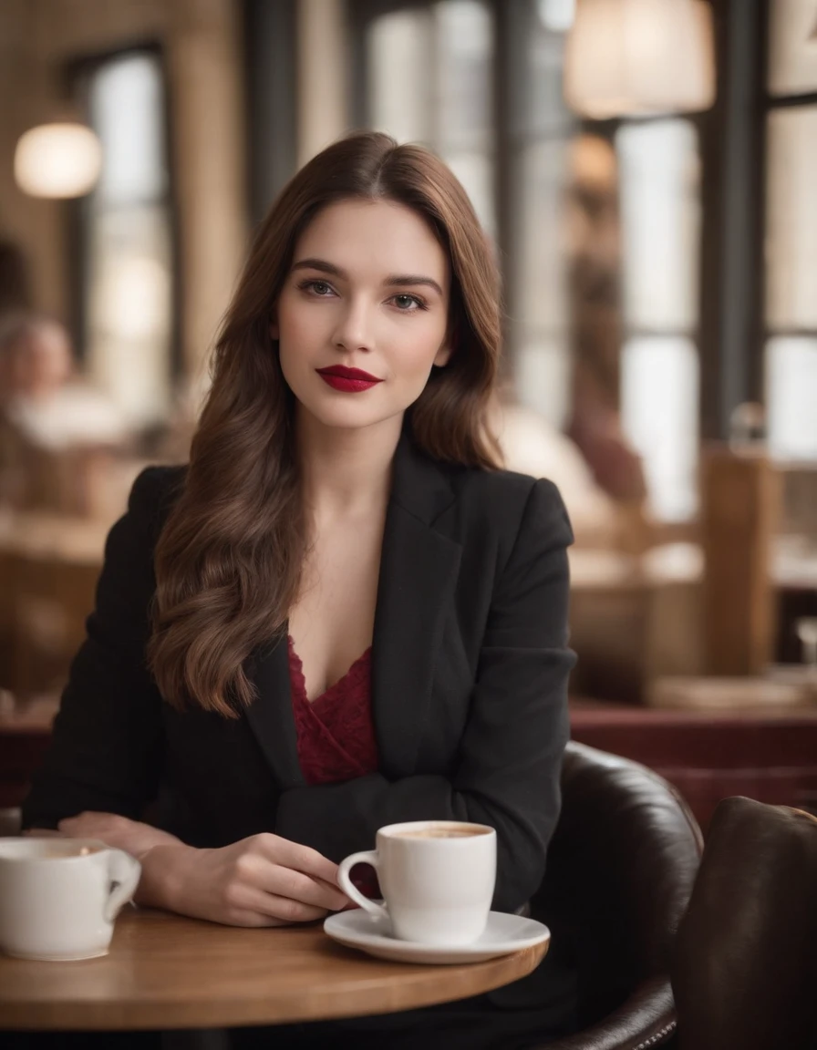 2010s fashion, Gros plan moyen, Canon EF 85mm f/1.2L II USM, A woman sits with her coffee in a restaurant，（Mettez vos mains sous la table）， with a black jacket and red lips, Focus on facial expression, Mode de rue