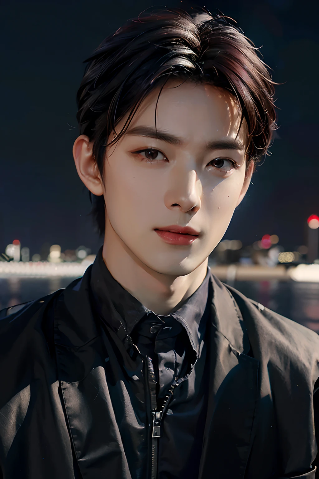 Best quality, masterpiece, ultra high res, (photorealistic:1.4), raw photo, young handsome male, black hair, (night city background:1.2)