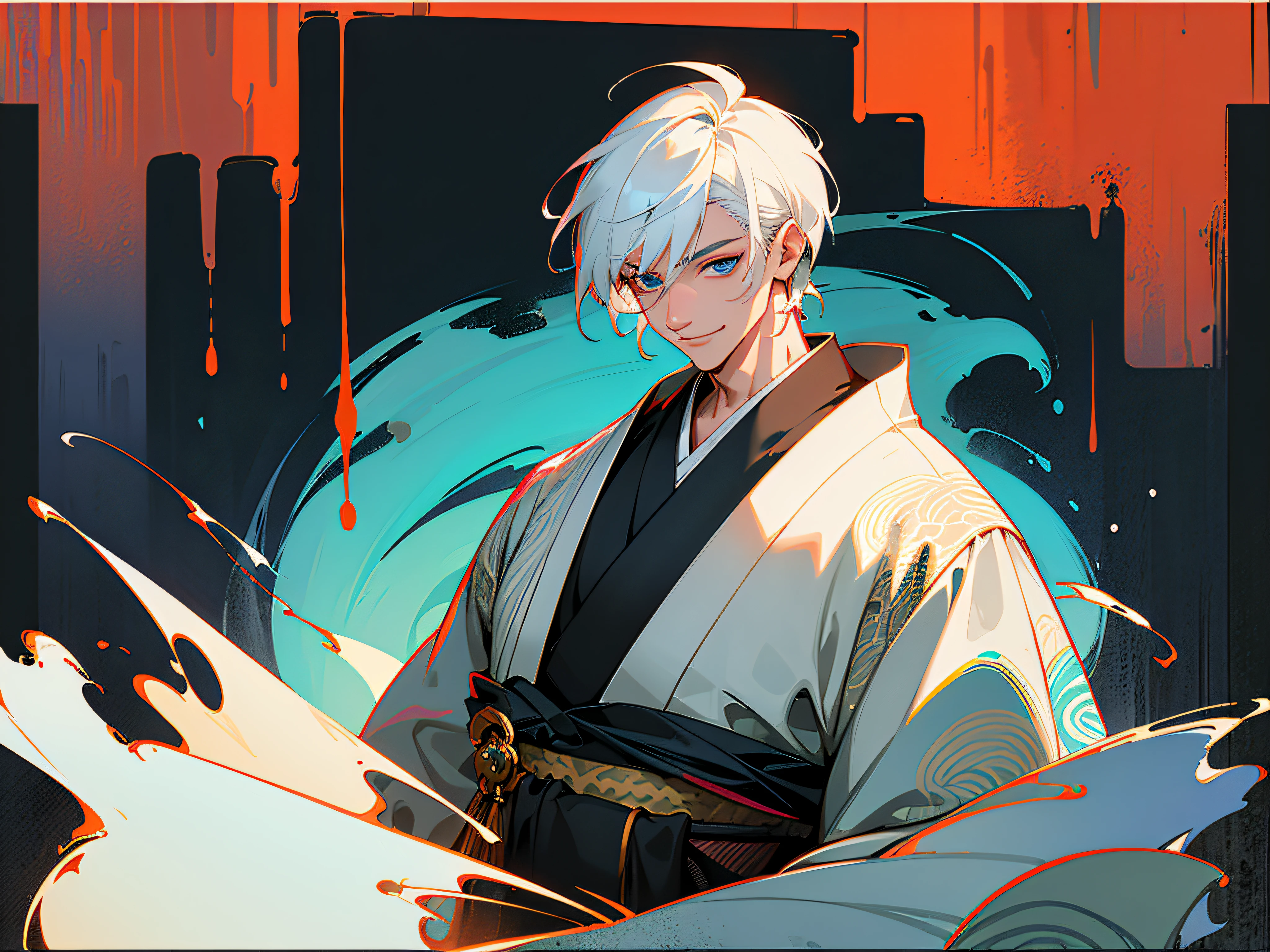 Male Cyberpunk, ((ryokan)), dark backgrounds, Clean design, epic instagram, art  stations, Splash of colorful paint, silhuette, hyper detailed intricate details, Unreal Engine, Fantasy, intricate detailes, Welcome screen, Complementary color scheme, Fantasy concept art, 8 K resolution, De Biantato's masterpiece, Painting oil painting, heavy strokes, Paint Drip, (isolated on white: 1.3), rainbow skin, (((Handsome young man))), ((youthfulness: 1.5) ), (bright blue eyes), ((Bright eye)), (((((short white-hair: 1.1))), ((Black clothe)), (Prince\\(Smiling expression\\),, ( (((He wears a luxurious kimono with details))), white  hair, (breastsout) --v 6