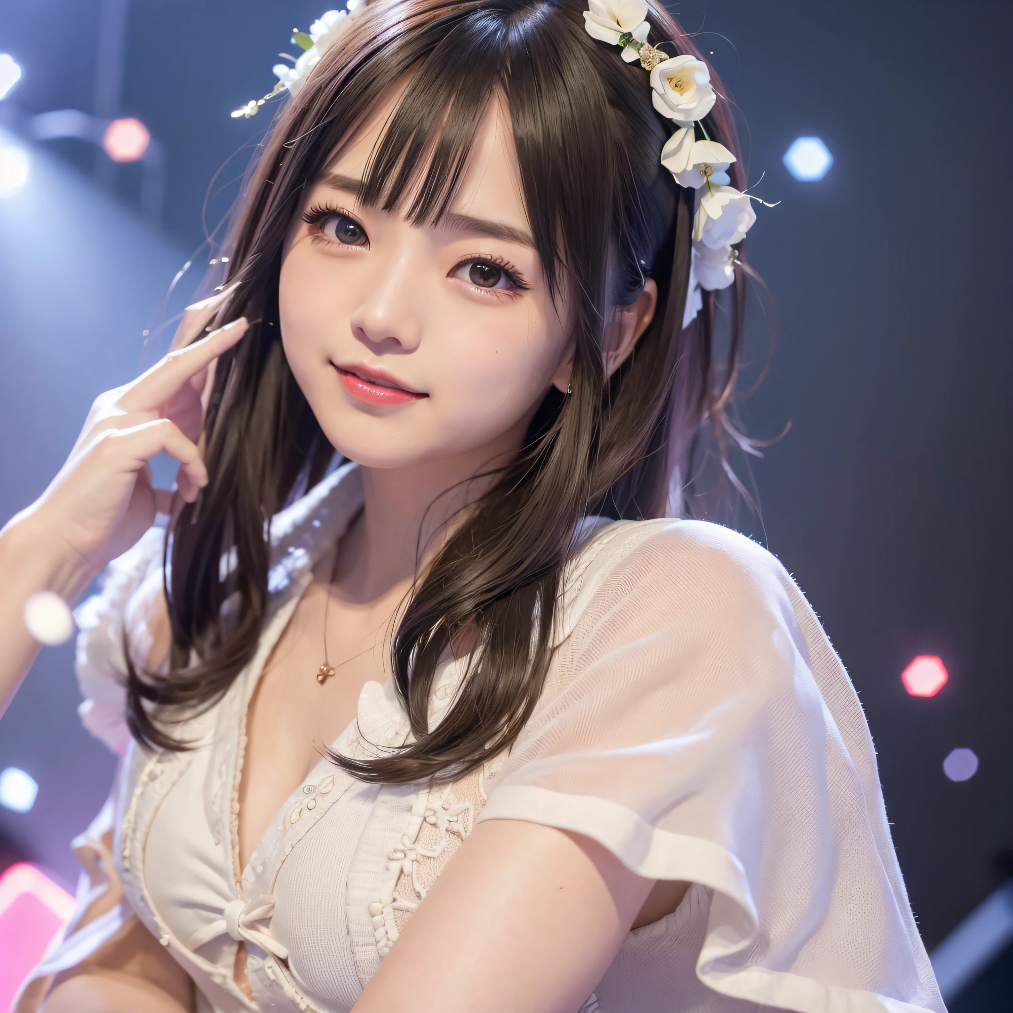 bokeh feeling、portlate、real、femele、Realistic Woman、Pretty Woman、Japan Women、idol、idol、live、LIVE、dance、dancing、Sing a song、singing、a smile、smailing、live house、microphone、BigEyes、Hair in super detail、Light makeup、Fluffy costumes、Kamimei、Best style、red-lips、Recommendation Men