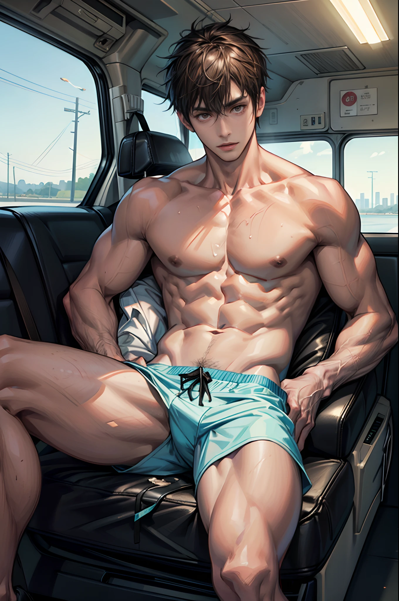 （tmasterpiece，超高分辨率，16k UHD，high qulity），low tune，Distant males, Seaside, (Sleep in the back seat of the car)，full bodyesbian，Shirtless, swimming trunks，tmasterpiece，（with short brown hair），Black eyes，ssmile, (White clip foot dragging), Seoul, (dregs:1.5)，（small heads），Precise anatomy，Precise hand structure，White swimming briefs，Unity 16K wallpaper，concept-art，One guy，8K eyes，（（（Mature male））），（（largeeyes：1.3）），（extra very short hair），（（1 American Bizo）），swim trunks，（photorealiscic face：1.8），broad shoulder，slips，Male 28，