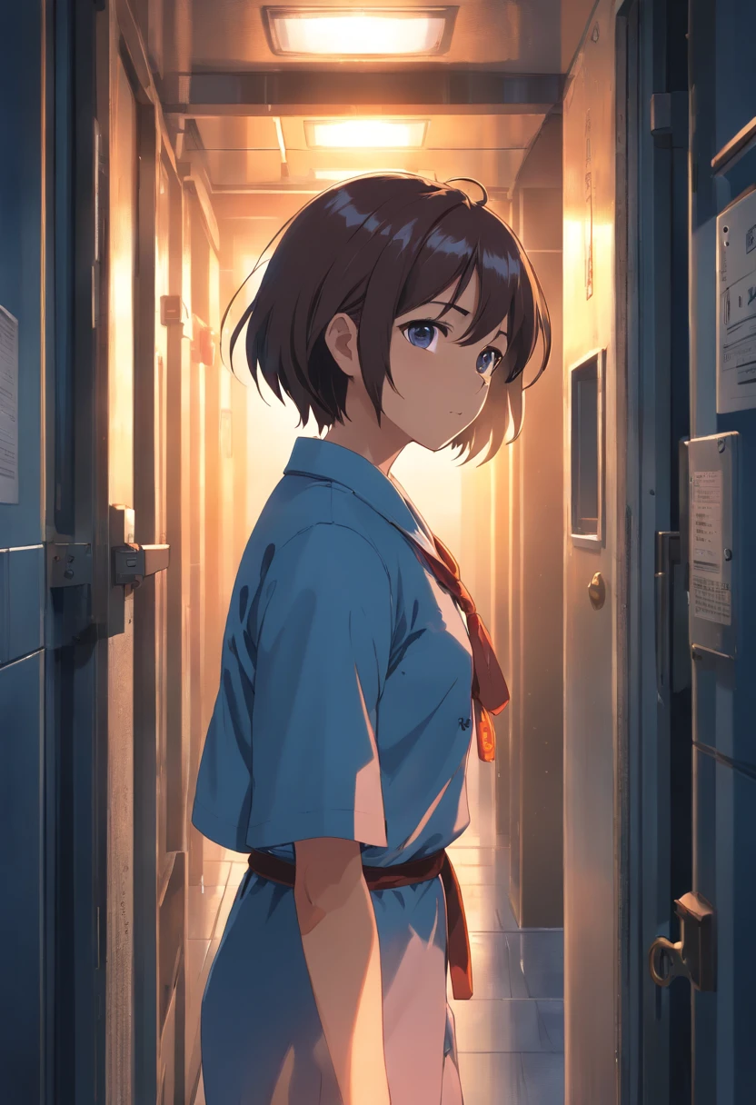 (best quality,ultra-detailed,realistic:1.37),1girl,prisoner,prison,wearing prisoner uniform,determined expression,fierce eyes,strong-willed,iron bars,grim atmosphere,dark lighting,desperate escape plan,confined space,emotionally charged, heavy chains,harsh reality,edgy,gritty,unyielding,oppressive environment,haunted past,unresolved conflict,persistent struggle,desperate hope,loneliness,void,identity crisis,impending danger,perpetual confinement,rigid rules, ominous shadows,sharp contrasts, defiant spirit,unbreakable resolve, secret passageway