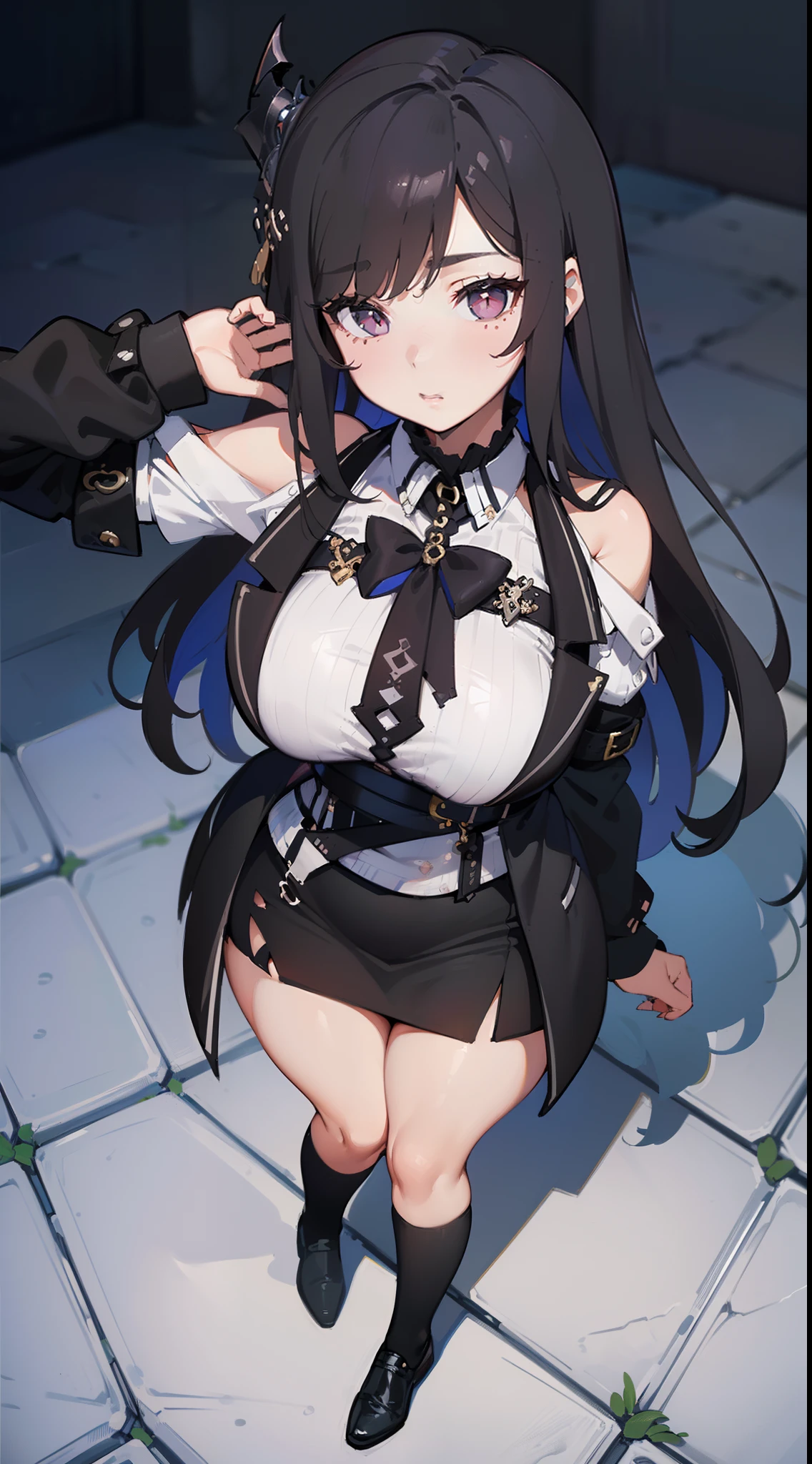 1 girl, game CG,((cute goth loli)),big breasts,((White and black goth clothes、cleavage)), black hair, long hair, straight hair, black eye, ((embarrassed face)),((Pose embarrassingly)),((white background))