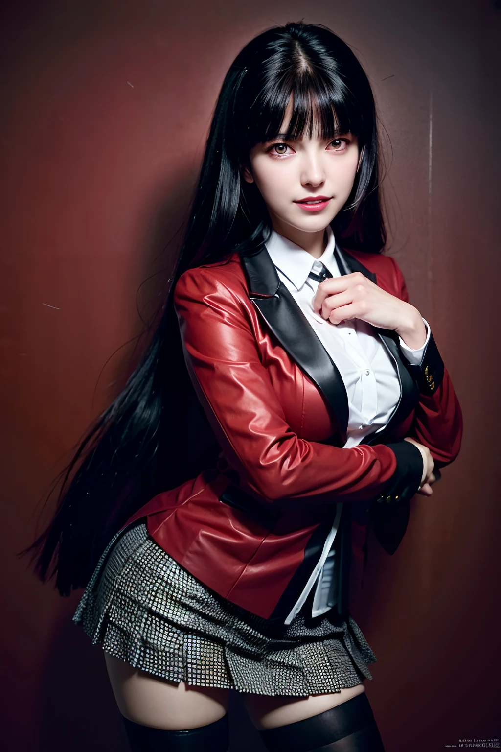 original photo:1.2),(realistic:1.4),beautiful detailed girl,very detailed eyes and face,beautiful detail eyes,ridiculous,incredibly ridiculous,super detailed,high resolution,very detailed,best quality,masterpiece,illustration,very detailed,CG,unified,8k wallpaper,amazing,fine detail,masterpiece,best quality, perfectlighting,1 girl, (((kakegurui yumeko))),long hair, blunt bangs, red eyes, school uniform, red jacket, pantyhose, white shirt, black ribbon, pleated skirt, dynamic pose, (((evil smile)))