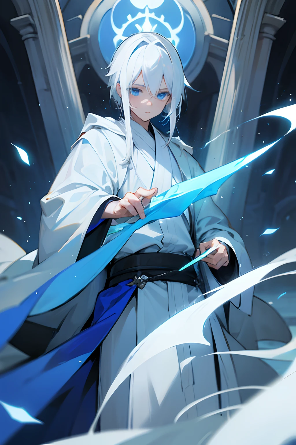 young man cleric white hair blue eyes robes religious medieval blue