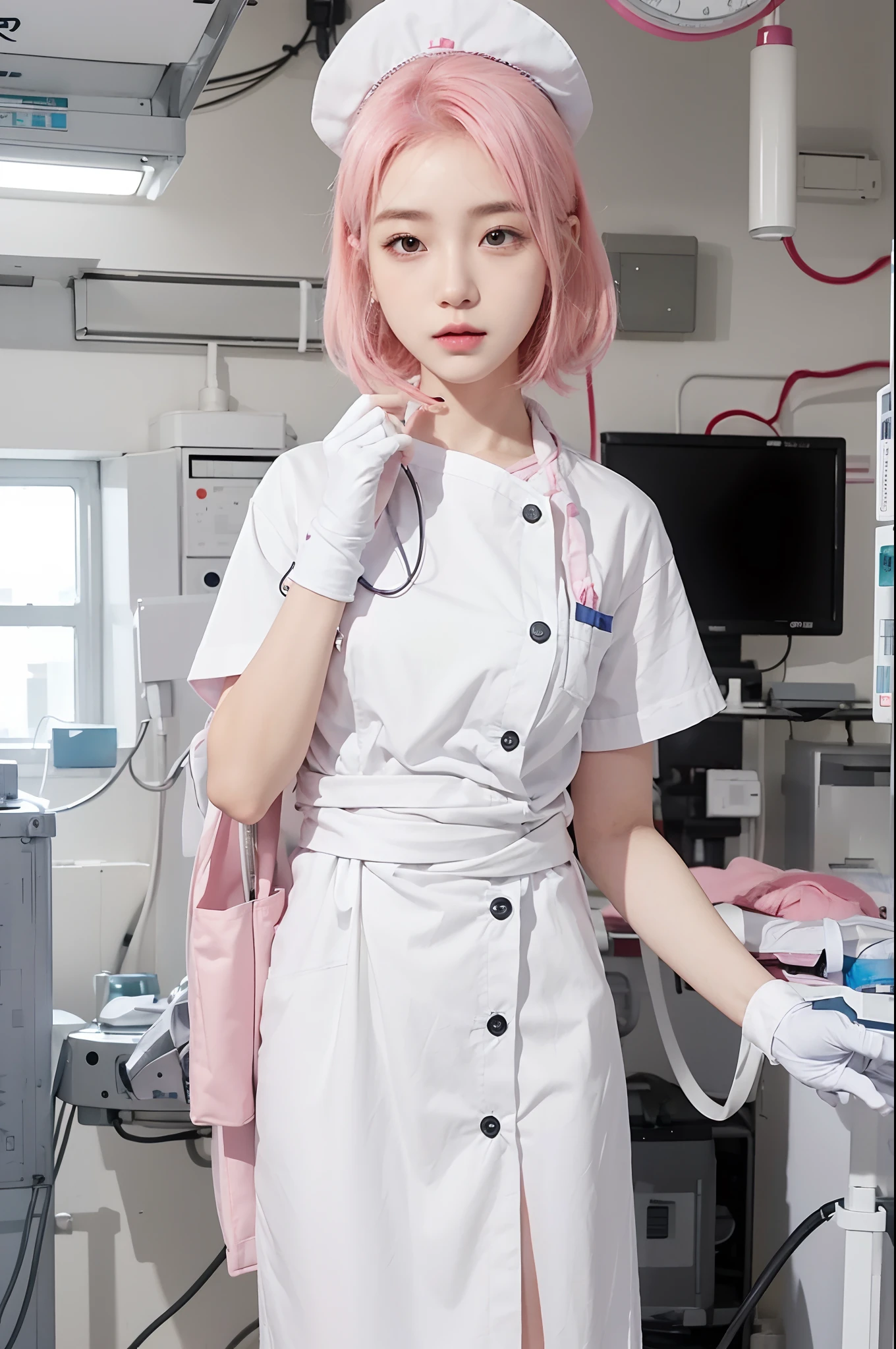 Real life adaption of this character, Korean teen beauty face, realistic pink hair, realistic nurse outfit, realistic light, realistic shadow, hyper realistic, realism, realistic background,(photorealistic:1.2),wear nurse hat