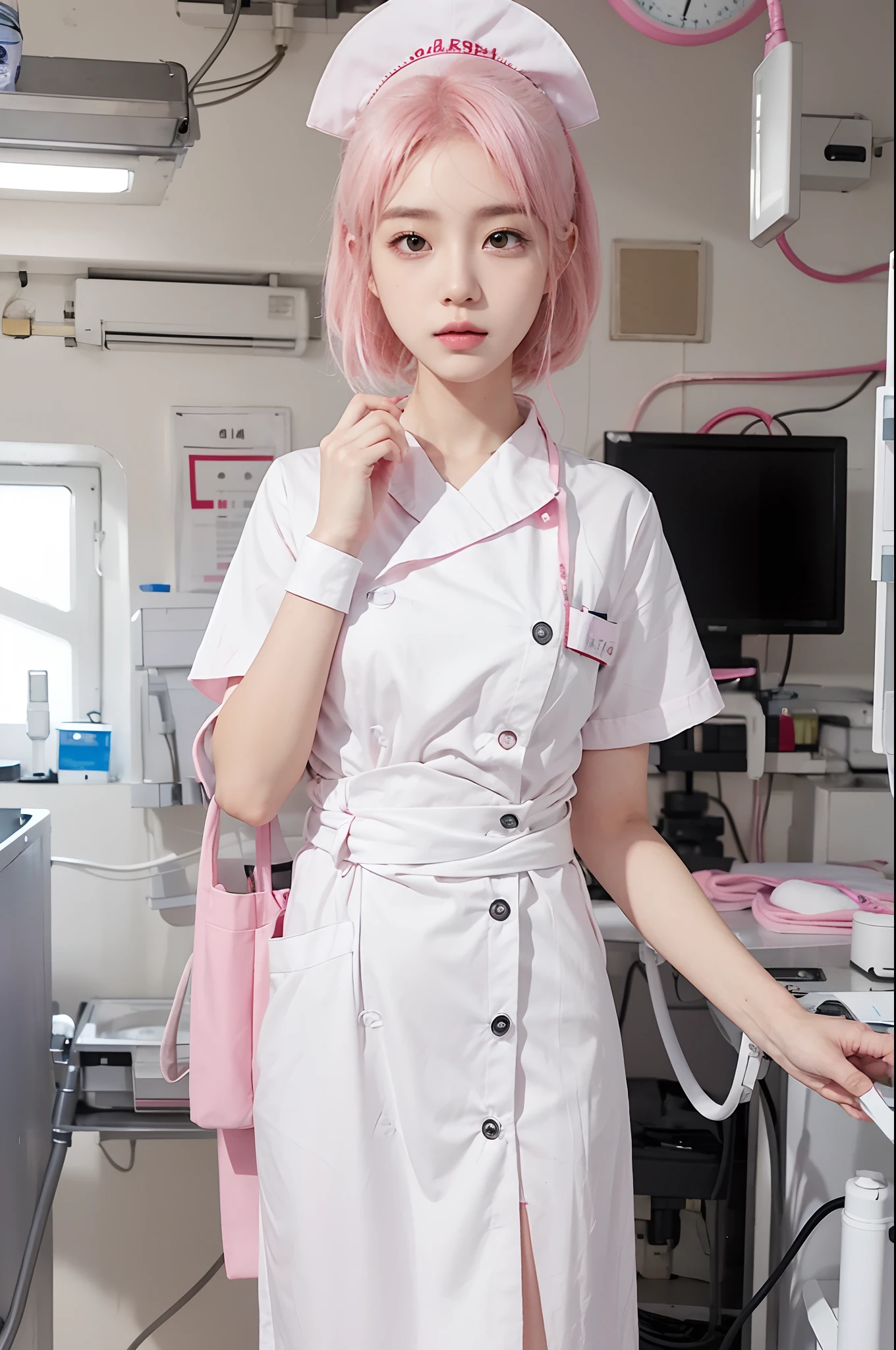 <lora:nurse_joy_v1:0.7>, nurse joy, (hair rings), joy \(pokemon\) \(cosplay\), best quality, masterpiece, illustration, (realistic, photo-realistic:1.37), amazing, finely detail, incredibly absurdres, huge filesize, ultra-detailed, highres, extremely detailed CG unity 8k wallpaper, ray tracing, nsfw, nude, 1girl, young korean girl, orgasm, blush, A cute realistic drawing of a young Korean woman with pink hair tied into two hair rings on each side of her head and bangs. She wears a white nurse's cap with a red cross in the middle, revealing an extremely large bust, and a white apron. She stands in a medical examination room background styled like a colourful cartoon monster care center. She has a slightly blushed cute expression.