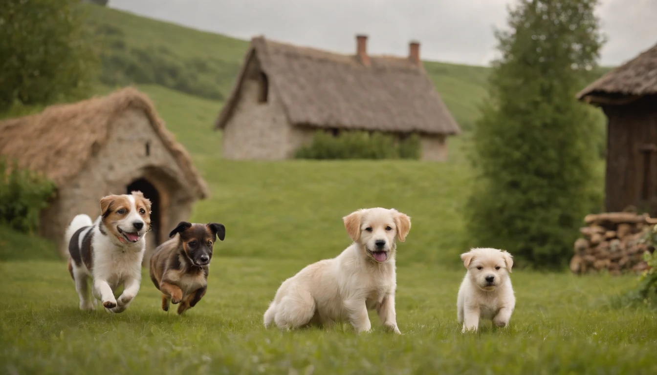 A simple peasant house with an endless river that passes nearby, 4 dogs playing in the yard.