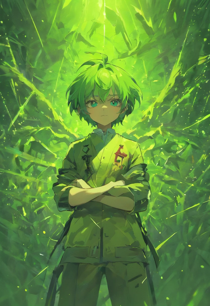 (best quality, alto, ultra-detalhado:1.2), vivid colors, Detailed illustration, um pequeno, gnomo de barba branca, usando um colete verde, with arms crossed, corpo inteiro