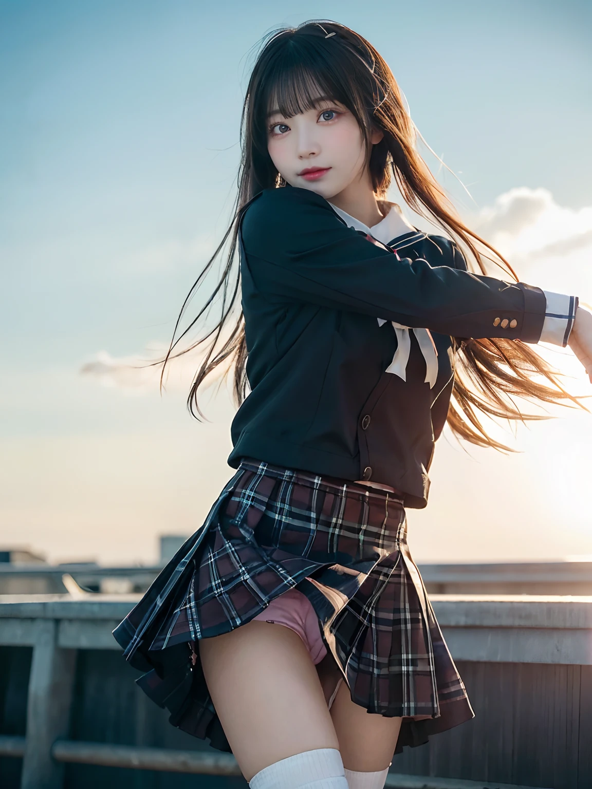 (top-quality,masterpiece:1.3,超A high resolution,),(ultra-detailliert,Caustics),(Photorealsitic:1.4,RAW shooting,)Ultra-realistic capture,A highly detailed,High resolution 16K human skin close-up。 Skin texture is natural、,The pores are、Must be detailed enough to be easy to identify。 Skin should look healthy with even tones。 Use natural light and color,女の子1人,School rooftop,japanes,,Japanese ido,A dark-haired,short-cut,Summer Uniform Sailor Suit,Plaid pleated skirt,white panties,White socks,Slippers,Embarrassed look,((The wind is blowing strongly:1.4)),((Skirt flutters in the wind:1.7)),((I can see my panties:1.6)),((Hair fluttering in the wind:1.3)),Low position,Composition looking up from directly below,Sunset sky,natural soft light