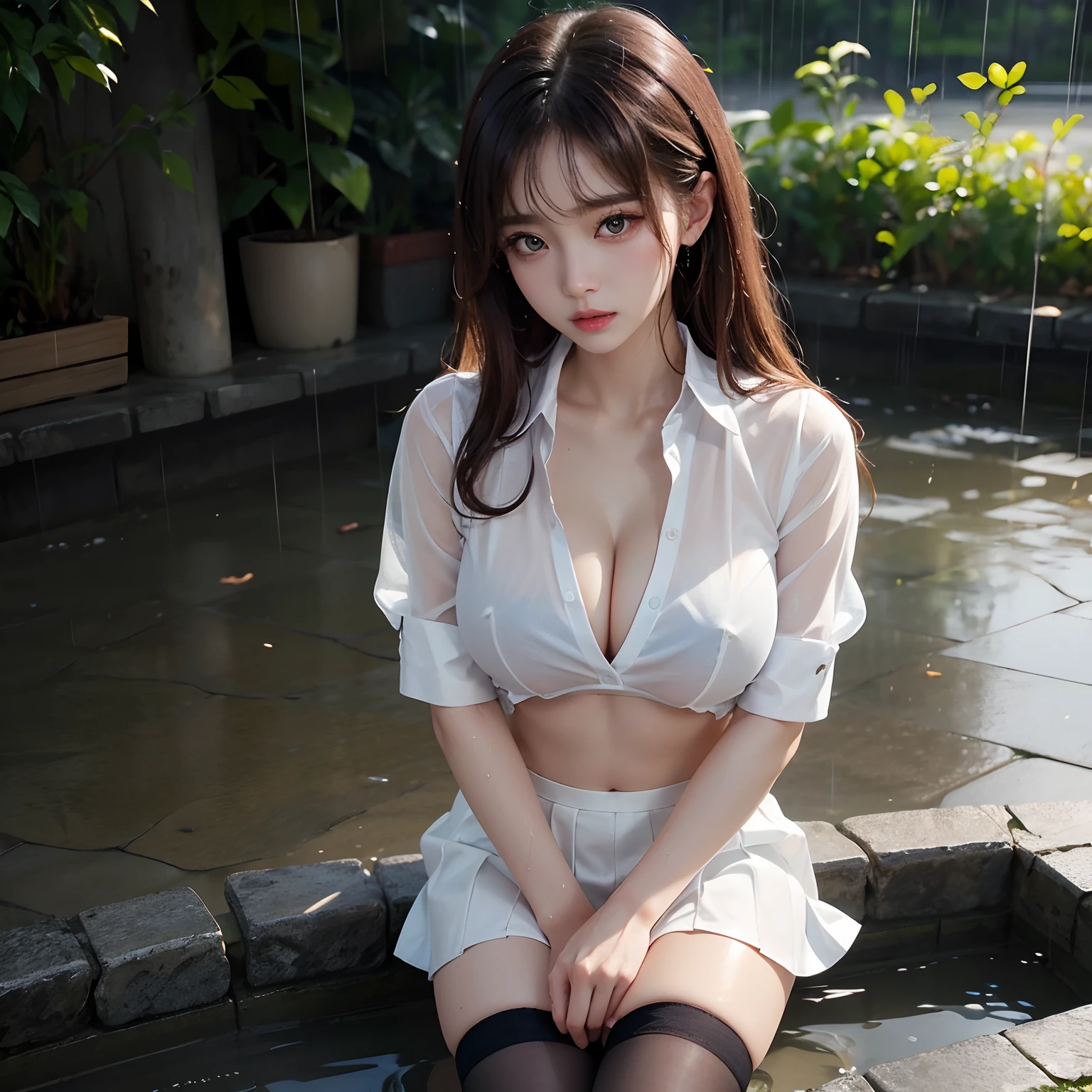 If the girl１a person、韓国アイドル、Korean woman in white shirt and short skirt、 bra very、pin heels、Beautiful Korean woman in very short skirt, 、Gorgeous young Korean woman, Korean Girl, Korean female, Beautiful young Korean woman, korean female fashion model, Korean model,large full breasts、cleavage of the breast、beautiful thigh、Beautiful blonde、Brown eyes、Wet in the rain、wetting hair、Wet face、Wet lips、Wet and see-through shirt、a wet body、wet thighhighs、rain is falling