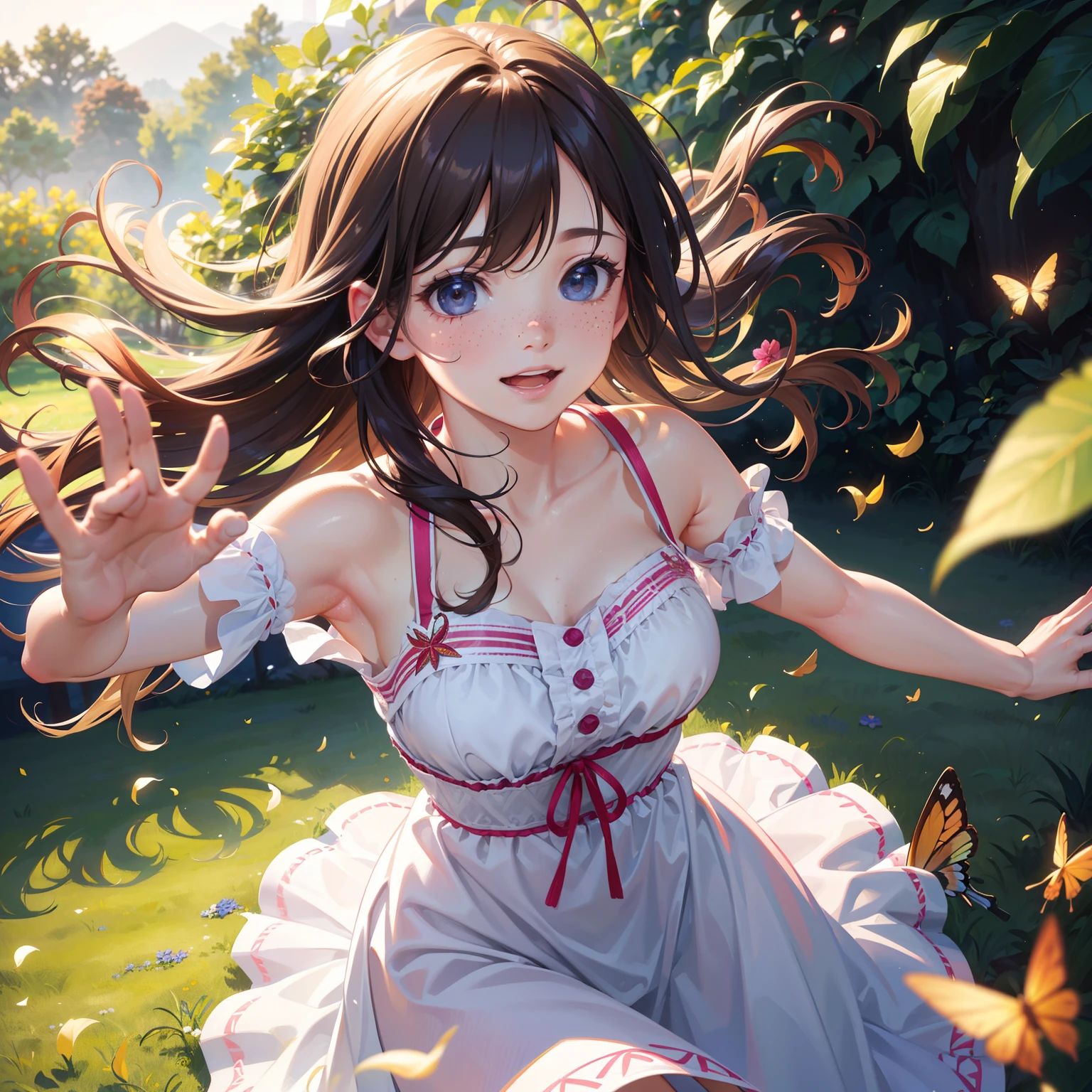 (best quality,4k,8k,highres,masterpiece:1.2),ultra-detailed,(realistic,photorealistic,photo-realistic:1.37),portraits,brown-haired girl,cute smile,summer,beautiful detailed eyes,
freckles,sunlit garden,playful,
colorful flowers,butterflies dancing around her,long fluttering eyelashes,happy expression,sunshine filtering through the leaves,soft breeze blowing her hair,a vibrant dress,filled with joy and happiness