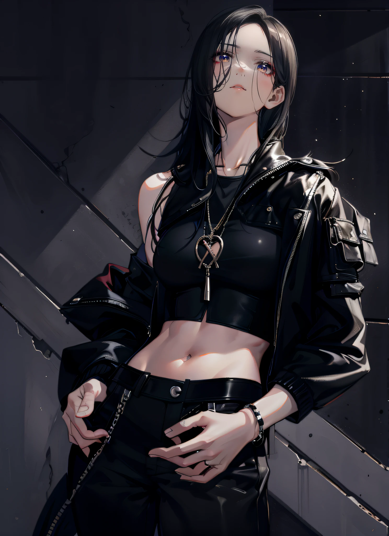 black hair, long hair, parted bangs, forehead, beautiful face, detailed face, good eyes, good hands, (((perfect anatomy))), mature, mature female, anime girl, anime, detailed background, highres, official art, (masterpiece, best quality, absurdres), ((1girl, solo)), a close up of a woman in a black top and black pants, cropped jacket, black leather slim clothes, wearing a sexy cropped top, crop top, black top, wearing a cropped black tank top, black pants, black jacket, necklace, bracelet, open jacket, single bare shoulder, off shoulder, head up, looking at viewer, closed mouth, brwon eyes, stomach, nice belly, thin, skinny, toned, ribs, nice navel, wolf ears, outdoors, cityscape