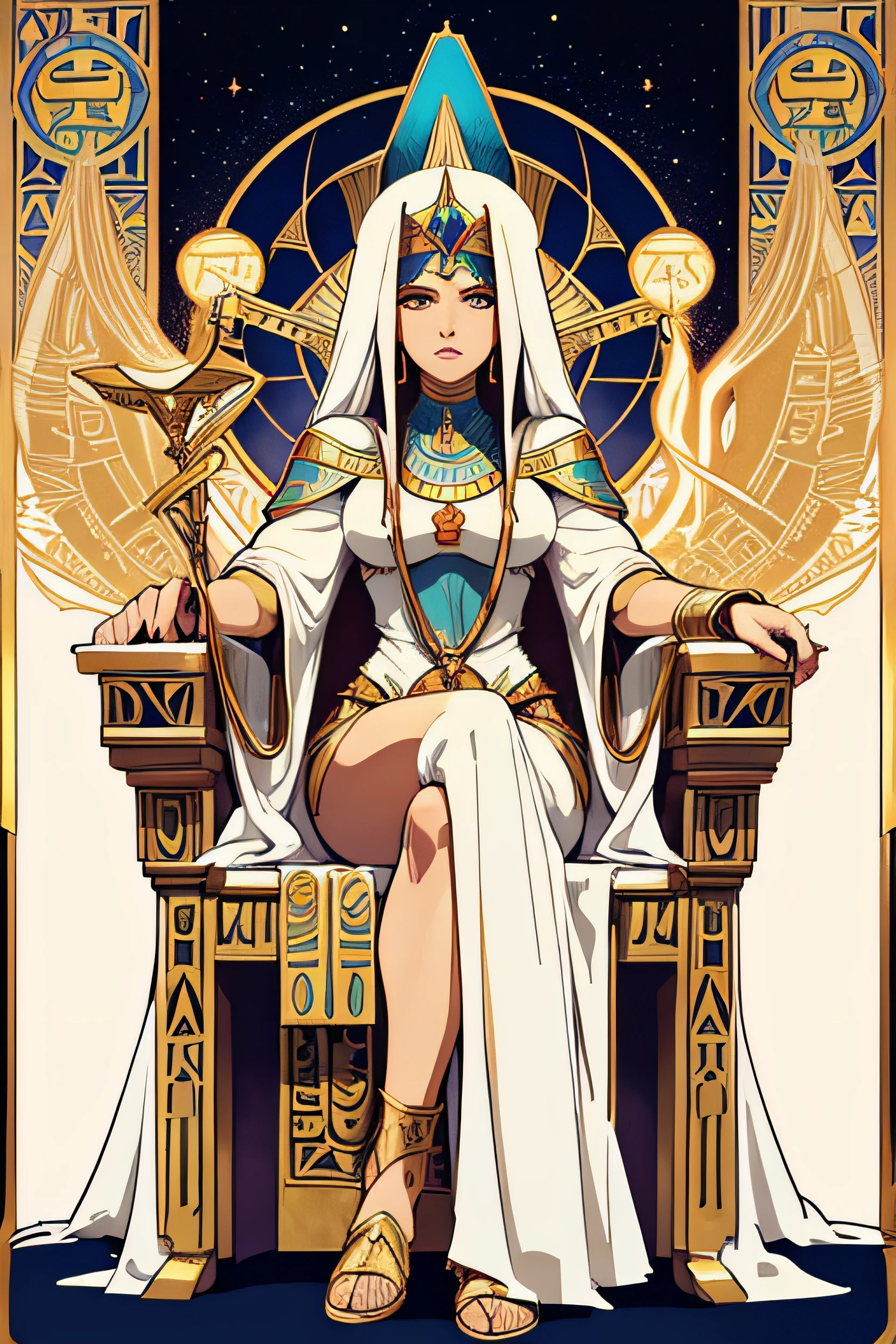 Egyptian Tarot, Tarot cards, High Priestess, Goddess Isis, Female Priestess, Long white robe, Egypt, art, Alphonse Mucha, Sit in a full-body chair., Sit face straight.
