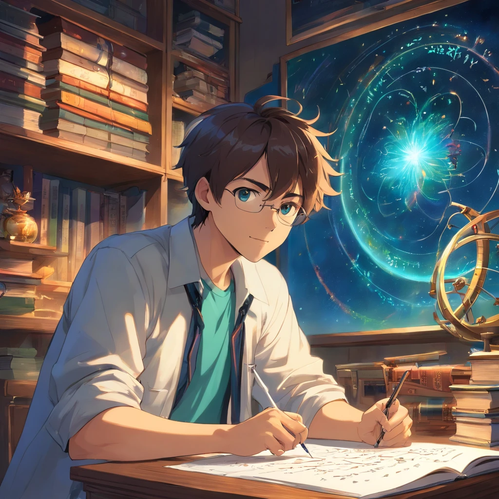 An energetic 23-year-old man, deeply immersed in the world of physics. His eyes sparkle with curiosity and determination as he dives into complex equations and theories. With a focused gaze, he delves into scientific research in his state-of-the-art laboratory, surrounded by cutting-edge equipment and meticulously organized notebooks. He is passionate about unraveling the mysteries of the universe and is determined to contribute to the advancement of science. The air is filled with an intense atmosphere of scientific inquiry and the scent of freshly brewed coffee fuels his restless mind. The room is bathed in a soft, warm light accentuating the precision of his scientific instruments. The walls are adorned with colorful posters illustrating fundamental concepts in physics, reminding him of his role in the greater scientific community. The monotonous sound of pen scratching on paper punctuates the silence, evidence of his relentless pursuit of knowledge. As his research progresses, his face lights up with excitement and joy, knowing that his work has the potential to reshape our understanding of the world. The vibrant colors of his surrounding environment reflect the intricacies and complexities of the physical world, reinforcing his awe and reverence for the laws of nature. Every detail of his face, from the graceful arch of his eyebrows to the slight smile dancing on his lips, radiates an undeniable sense of purpose and enthusiasm. The amalgamation of scientific instruments, books, and equations serves as the backdrop to his intellectual journey, providing an inspiring canvas for the exploration of fundamental truths. Together with his fellow researchers, he embarks on an extraordinary voyage towards scientific discovery, their collective efforts pushing the boundaries of our knowledge. The image quality is of the utmost importance, with every detail rendered in exquisite detail. The colors are vivid and rich, capturing the essence of the scientific pursuit. The li