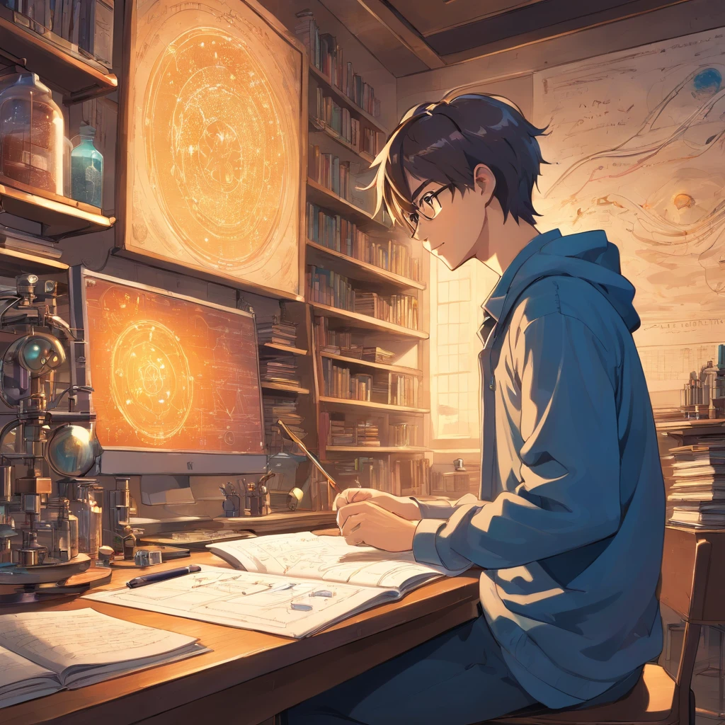 An energetic 23-year-old man, deeply immersed in the world of physics. His eyes sparkle with curiosity and determination as he dives into complex equations and theories. With a focused gaze, he delves into scientific research in his state-of-the-art laboratory, surrounded by cutting-edge equipment and meticulously organized notebooks. He is passionate about unraveling the mysteries of the universe and is determined to contribute to the advancement of science. The air is filled with an intense atmosphere of scientific inquiry and the scent of freshly brewed coffee fuels his restless mind. The room is bathed in a soft, warm light accentuating the precision of his scientific instruments. The walls are adorned with colorful posters illustrating fundamental concepts in physics, reminding him of his role in the greater scientific community. The monotonous sound of pen scratching on paper punctuates the silence, evidence of his relentless pursuit of knowledge. As his research progresses, his face lights up with excitement and joy, knowing that his work has the potential to reshape our understanding of the world. The vibrant colors of his surrounding environment reflect the intricacies and complexities of the physical world, reinforcing his awe and reverence for the laws of nature. Every detail of his face, from the graceful arch of his eyebrows to the slight smile dancing on his lips, radiates an undeniable sense of purpose and enthusiasm. The amalgamation of scientific instruments, books, and equations serves as the backdrop to his intellectual journey, providing an inspiring canvas for the exploration of fundamental truths. Together with his fellow researchers, he embarks on an extraordinary voyage towards scientific discovery, their collective efforts pushing the boundaries of our knowledge. The image quality is of the utmost importance, with every detail rendered in exquisite detail. The colors are vivid and rich, capturing the essence of the scientific pursuit. The li