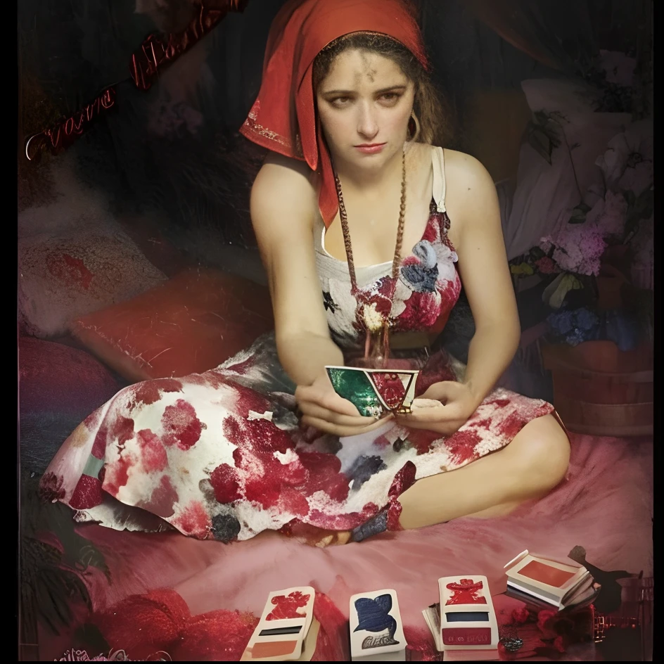 Extremely perfect cinematic hyperrealistic image of a woman sitting on a bed with playing cards, Orientalismo, adivinho, Directed by: Edmond Aman-Jean, oil art, arte bonita, arte linda, arte tradicional, Esposa, Directed by: Genco Gulan, mulher linda, Directed by: Giuseppe Abbati, Directed by: Antonio Saura, oil paiting, cigano, Directed by: Juan Fernando Cobo, 16k, highes definition, rosto detalhado, rosto detalhado, olhos detalhados, terno detalhado, estilo DC, hiper-realista, + Cinematographic shot + dynamic compositing, incrivelmente detalhado, nitidez, detalhes + detalhes soberbos + noite com luz + perfeccionismo + realismo premiado ((soft-lighting))