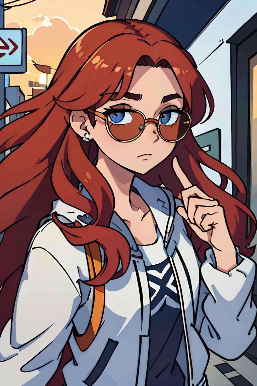 (best qualtiy:0.8),(best qualtiy:0.8),Perfect anime illustration,Extreme close-up portrait of a beautiful woman walking through the city,Wearing sunglasses,She has long red wavy curly hair,There is a nose ring on the nose